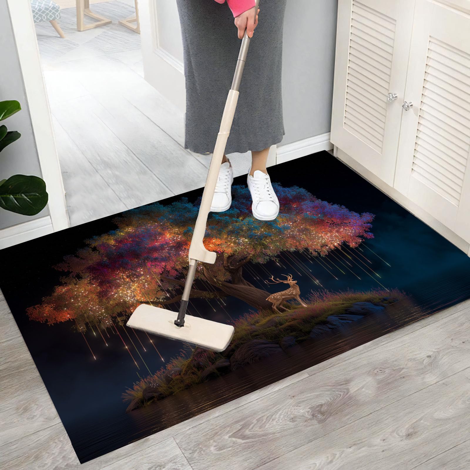 Árbol De La Vida Arcoíris Felpudos para Interiores, Reno De Fantasía Felpudos Suaves Lavables, Felpudo Antideslizante De Perfil Bajo para Entrada Cocina Mascotas Perros, 90X150Cm Azul Oscuro