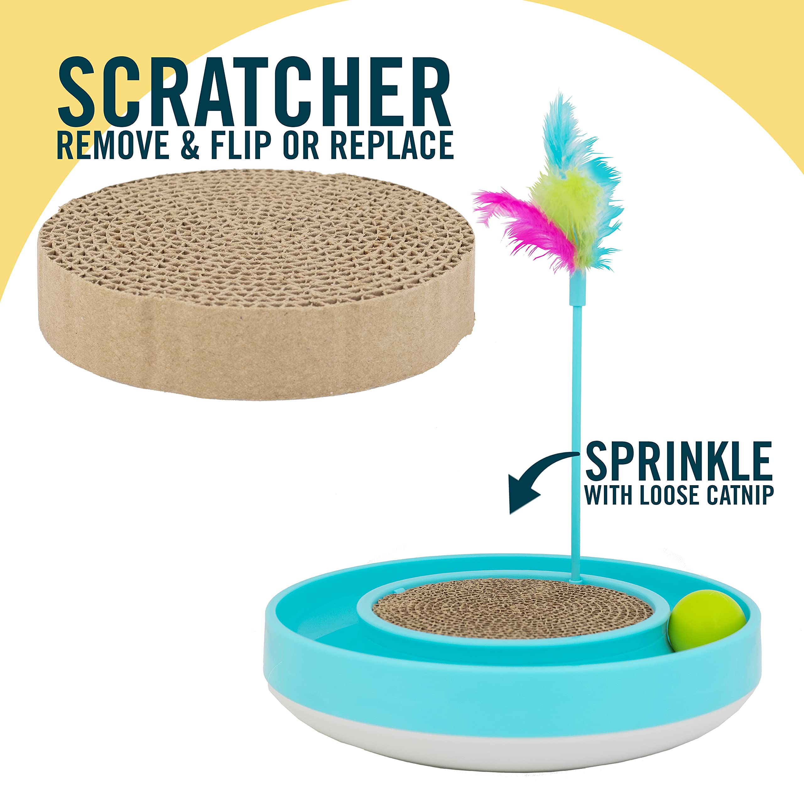 Our Pets Juguete para Gatos Wobble Scratch Track - Juguetes interactivos para Gatos de Interior con Pista de Bola para Gatos Que Rueda, Varita de Plumas y Almohadilla rascadora. Ideal como Juguete