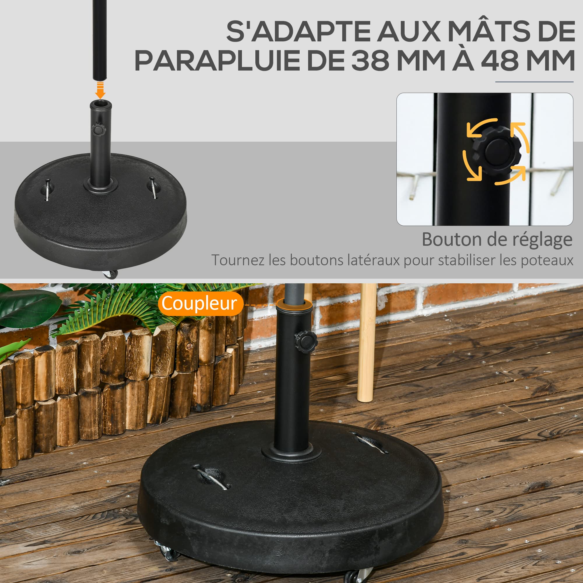 Outsunny Pied de Parasol Rond Base de Parasol de Jardin 25 KG avec roulettes et poignées rétractables en résine tressée Ø 53 x 41 cm Noir