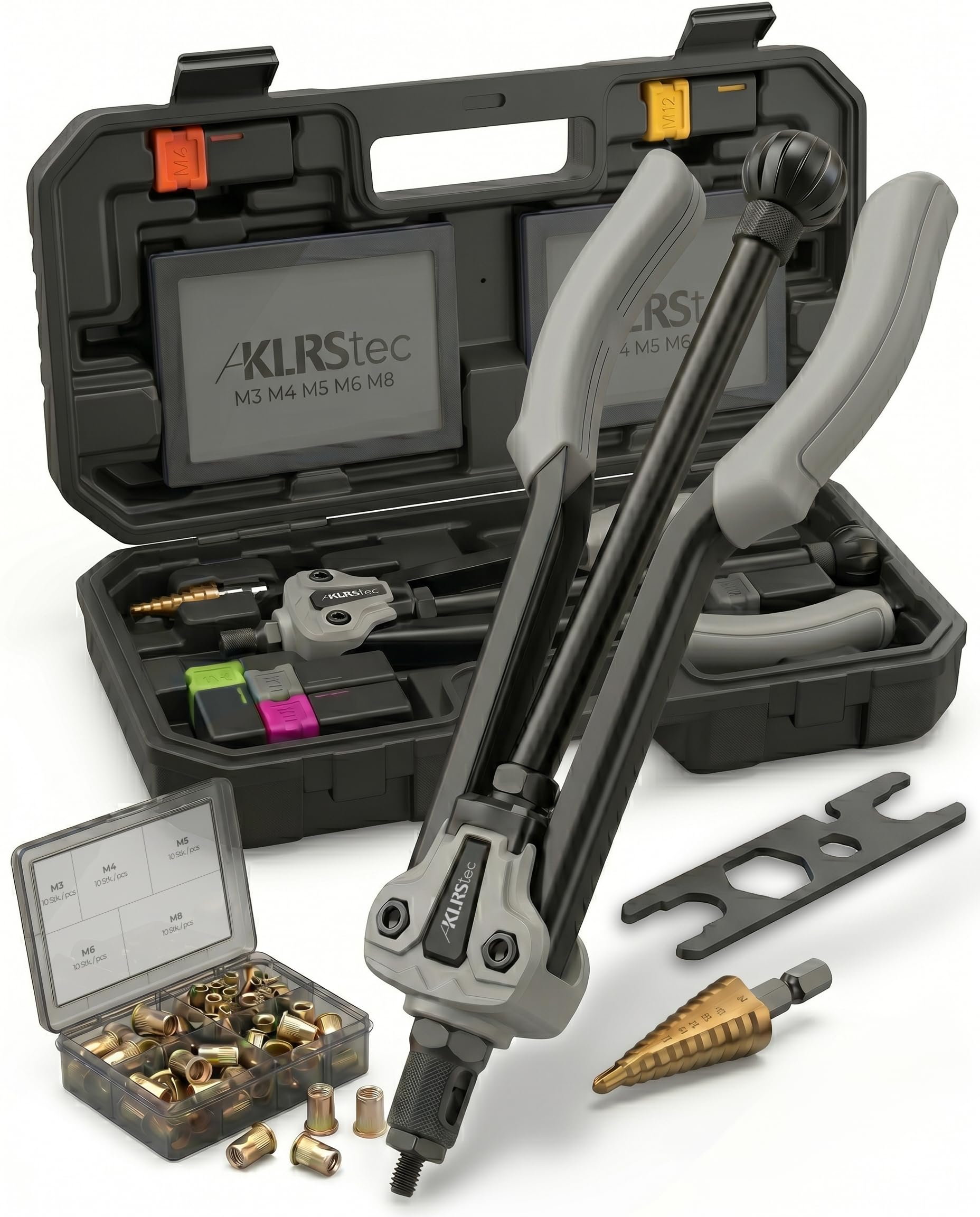 KLRStec Professional Remachadora de Tuercas Set [M3-M12] Pinza Semiautomática para Trabajo Más Rápido incl. 70 Tuercas Remachables, Broca Escalonada y Maletín - Kit Pro Insertos Roscados