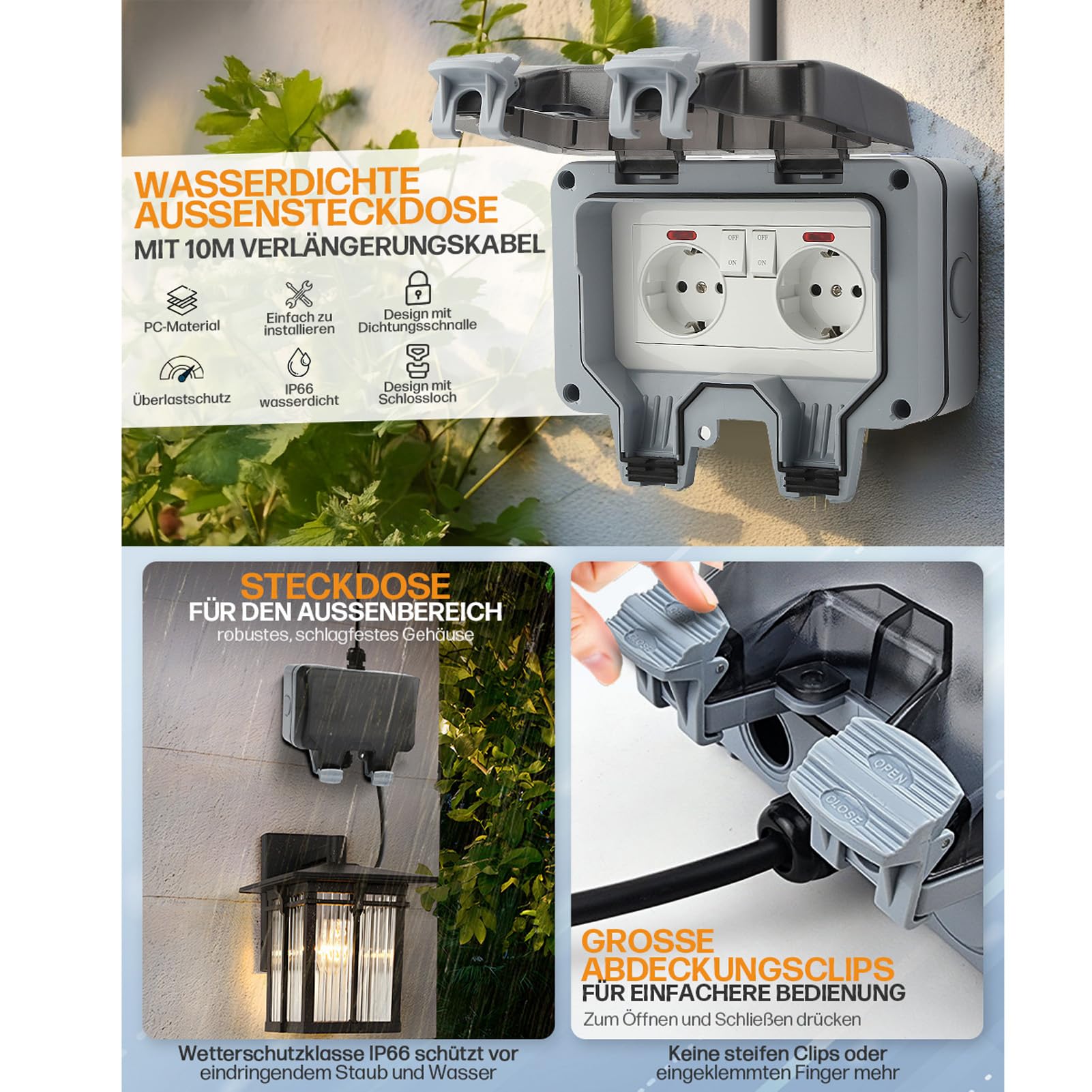 Topiky Presa di Corrente Esterna Presa Elettrica a Parete IP66 Resistente Alla Pioggia con Interruttore Indipendente e Indicatore Luminoso per Garage, Patio da Giardino (5 metri)