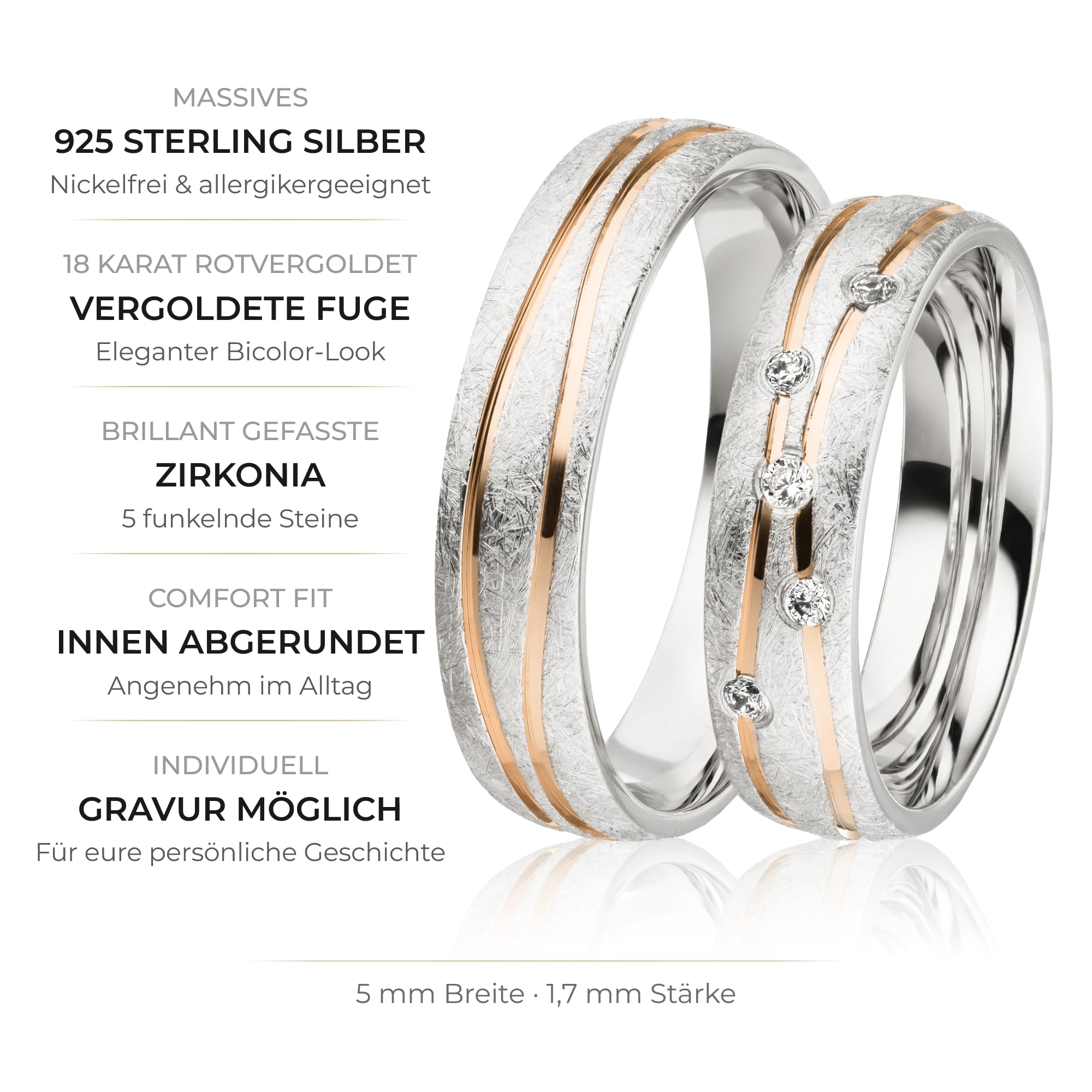 Kolibri Rings Eheringe Weißgold Optik Paarpreis 925 Silber Eismatt Vergoldete Fuge 5 Zirkonia Steine Set - Made in Germany Gratis Gravur und Etui