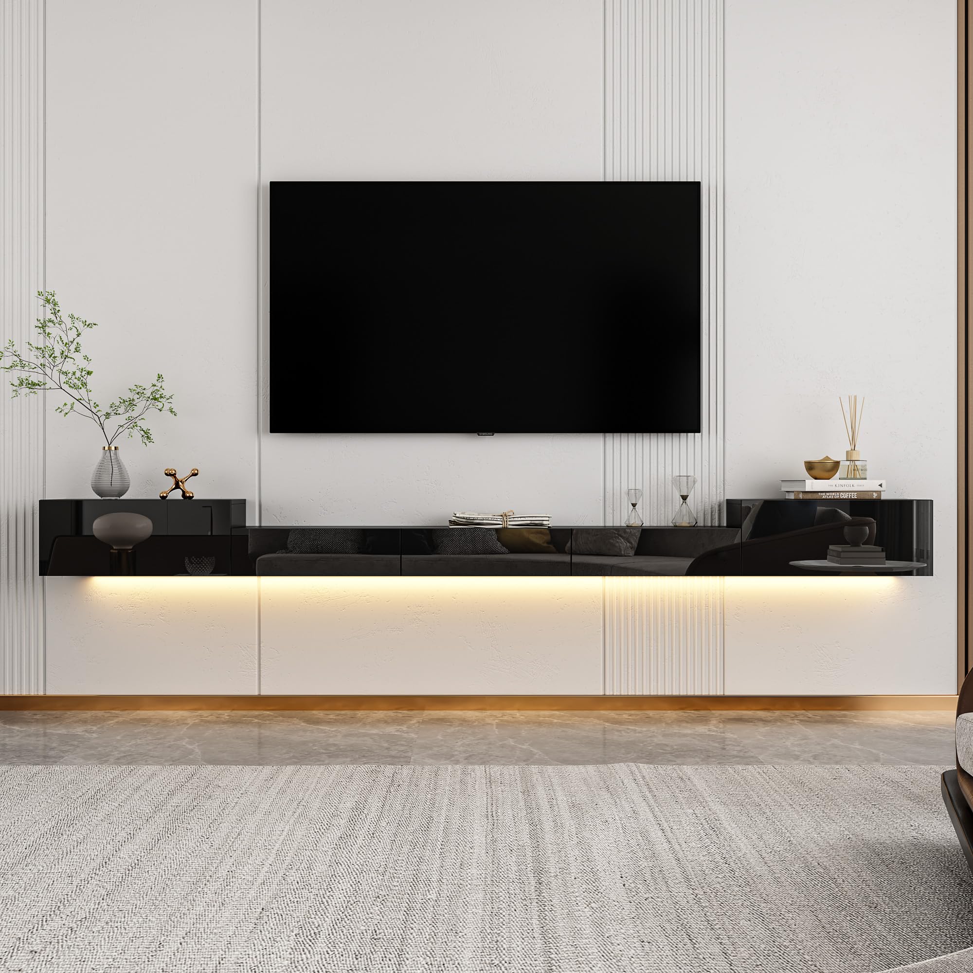 AIEGLE Floating TV Stand Wall Mounted, High Gloss Entertainment Center with 5 Drawers & 3-Color LED Lights, Modern Floating TV Cabinet Console Shelf,