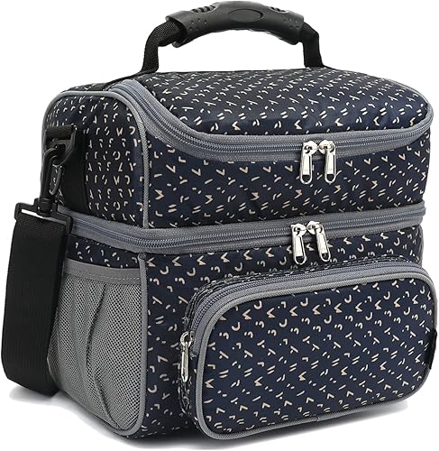 FlowFly Lonchera térmica de doble capa para adultos, bolsa grande para hombres y mujeres, con correa ajustable, bolsillo frontal y bolsillos