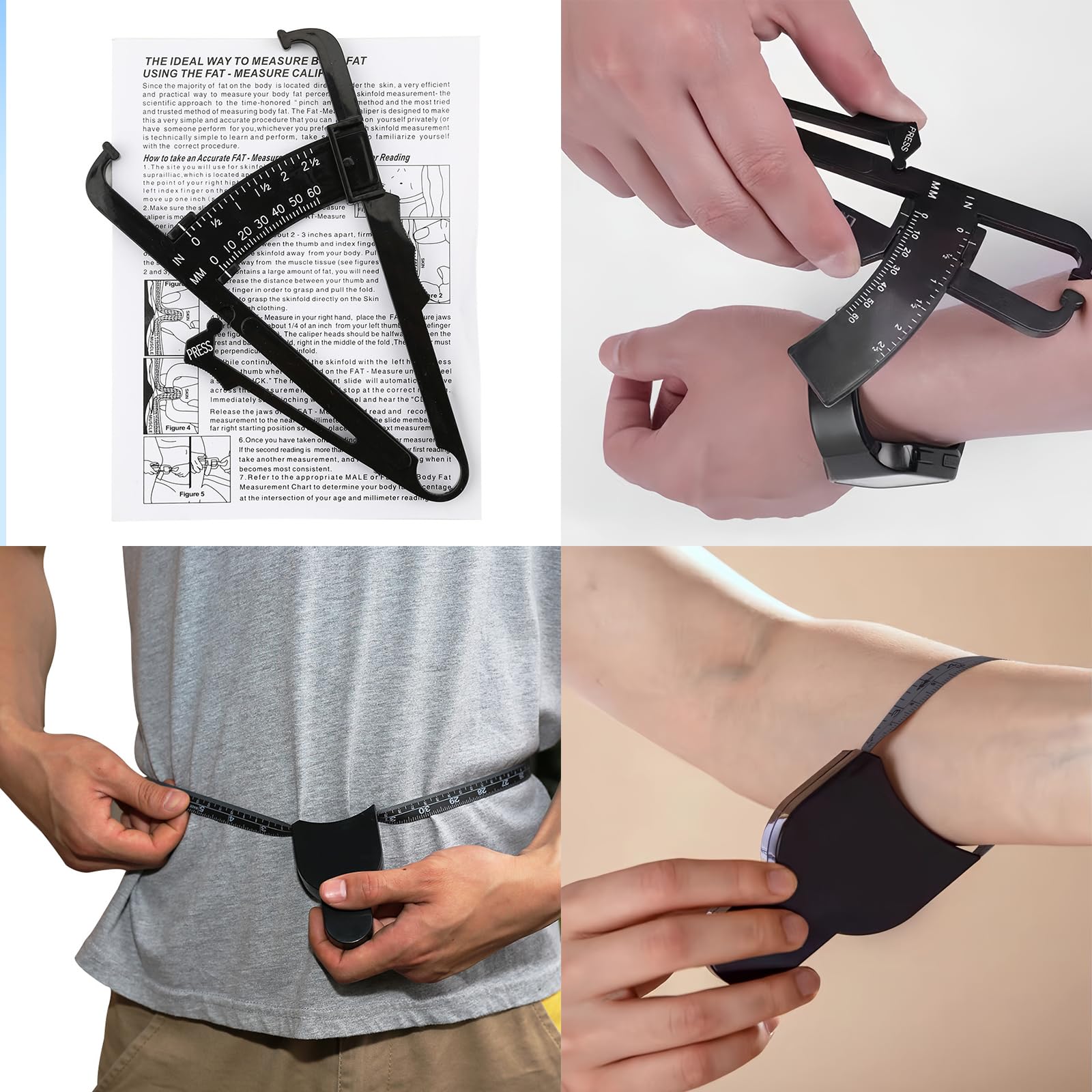 Pince à plis cutanée et Mètre ruban, Analyseur de graisse corporelle dans l'étrier cutané de mesure pour mesurer avec précision le BMI Pliage Fitness et perte de poids