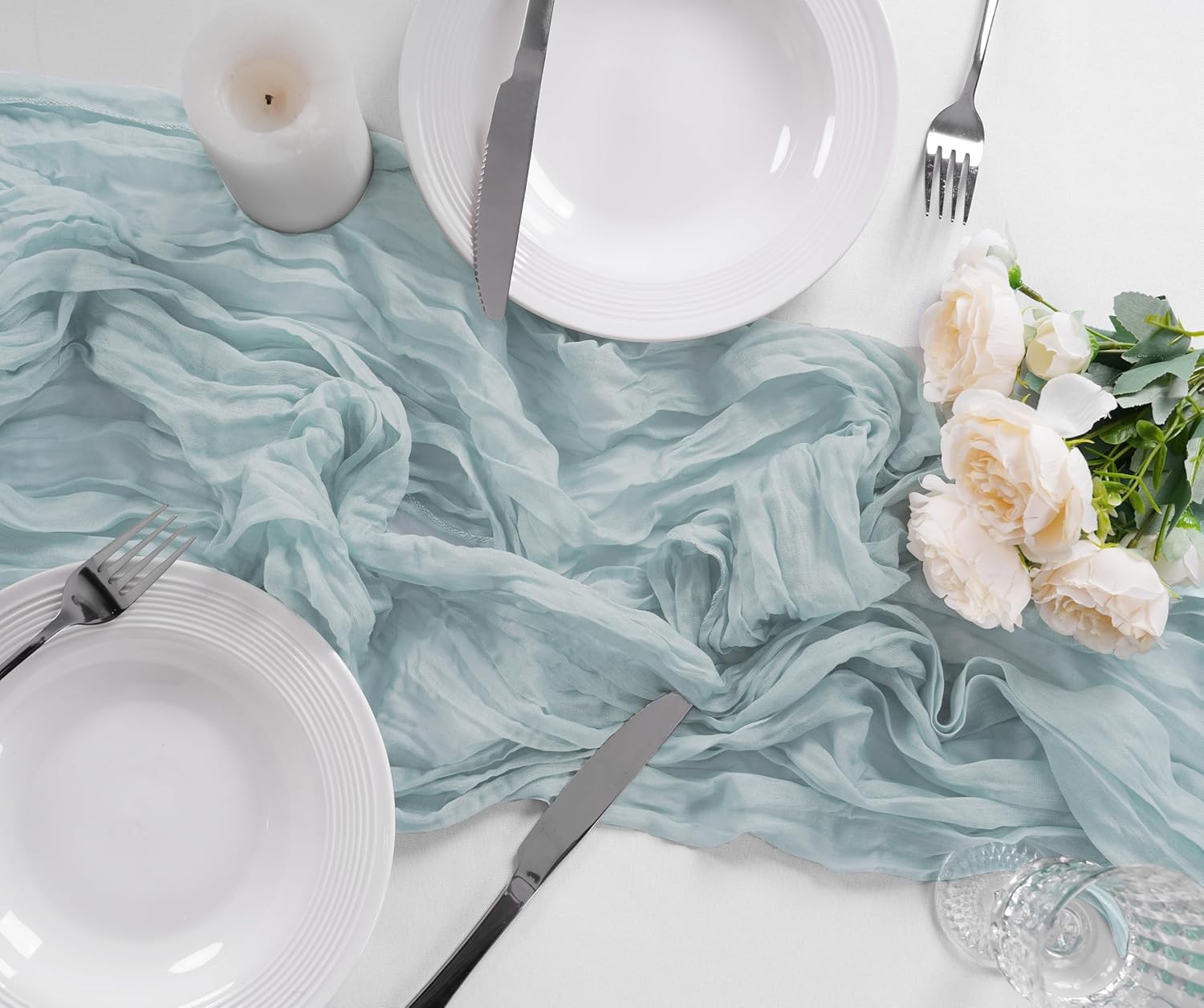 Bailarina 25 Pack Cheesecloth Table Runner 17x108 Inch Long Gauze Cheese Cloth 9ft Wrinkled Sheer Table Runner for Wedding Reception Birthday Party Table Decoration (Light Blue)