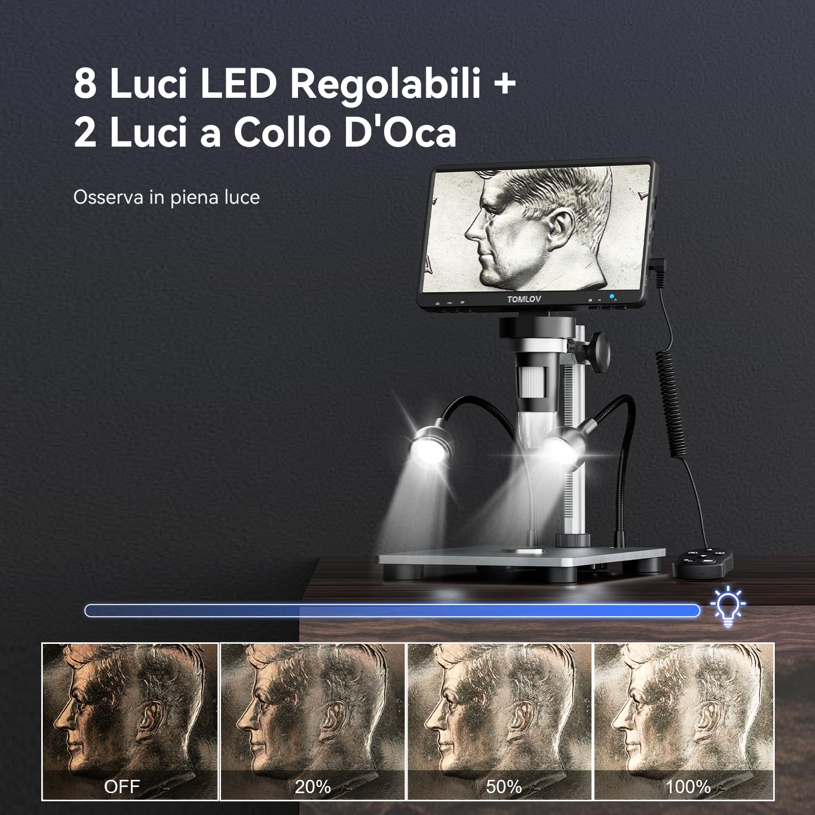 TOMLOV DM9 7" LCD Microscopio Digitale 1200X, Fotocamera 1080P da 12MP per Monete e Saldatura, Regalo per Adulti, con Supporto Metallo, Luce Regolabile, Compatibile PC/Windows/Mac OS, 32GB