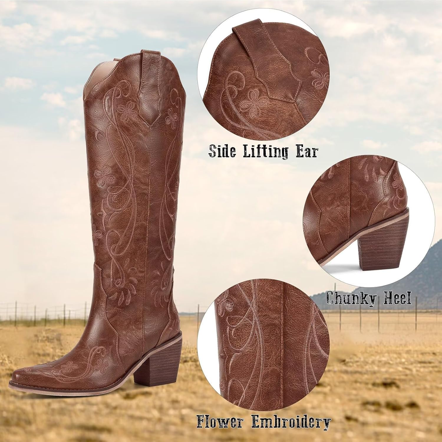 wetkiss Cowboy Boots for Women Knee High Cowgirl Boots, Western Boots with Floral Embroidered Pointed Toe Chunky Heel Pull On Retro Vintage Classic Tall Boots for Ladies - Image 6