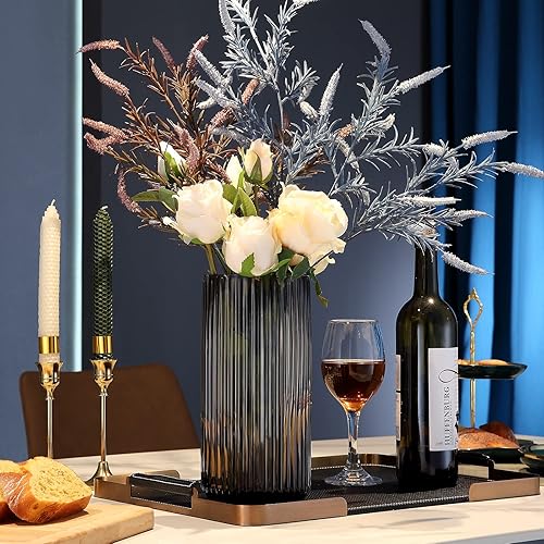 Miniatura 3 de Dinyeo Jarrón de flores de cristal marrón acanalado grande para decoración de centros de mesa de comedor de granja