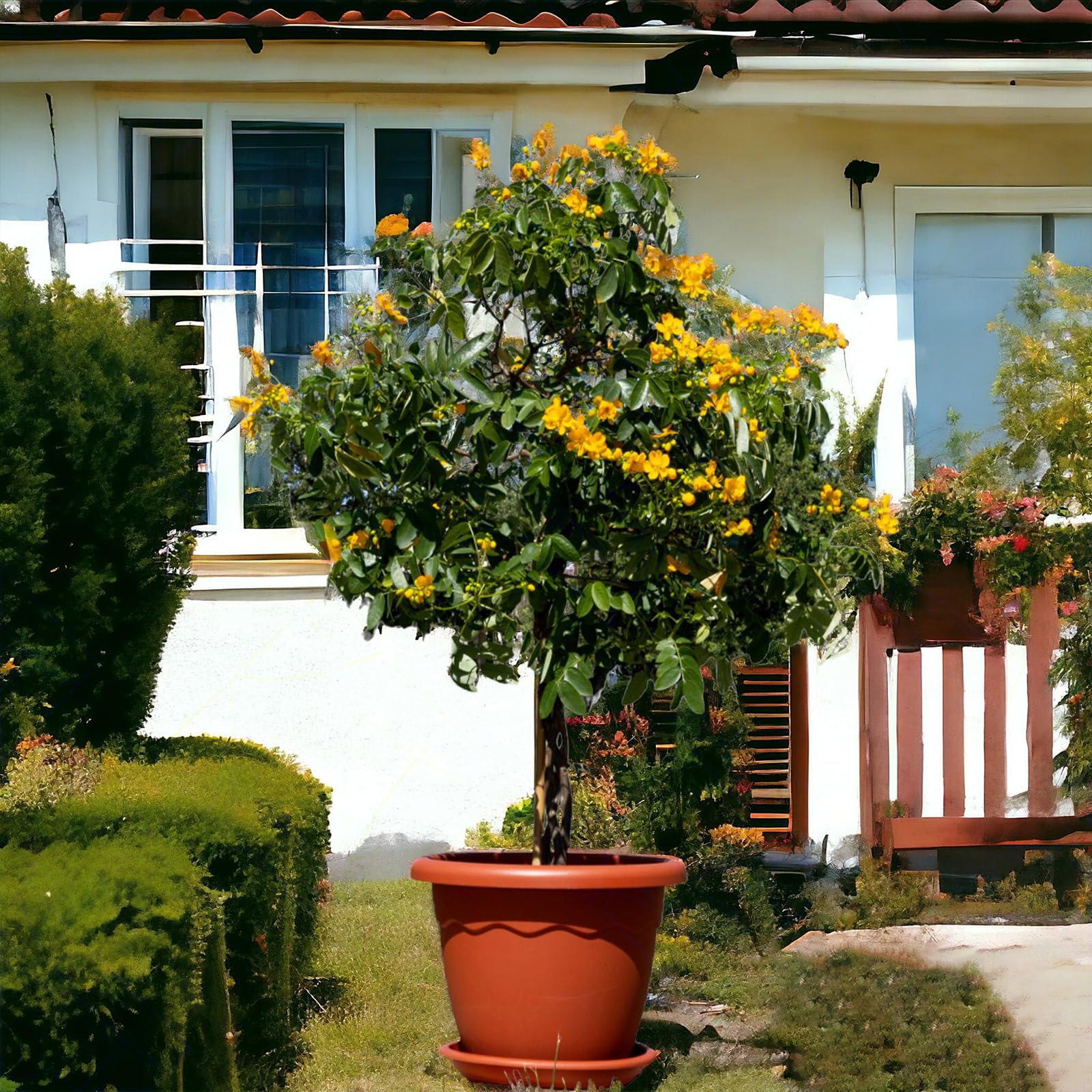 Sicignano | Vaso Rotondo per Fiori Piante + Sottovaso, Plastica Color Terracotta, con Fori di Drenaggio, Resistente agli UV - Esterno Giardino Balcone Terrazzo, Made in Italy (1, Ø70x49h cm)