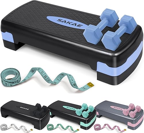 Vista 18 de Juego de pasos aeróbicos con mancuernas y cinta métrica, altura ajustable de 2 niveles, plataforma de ejercicios de entrenamiento, 4