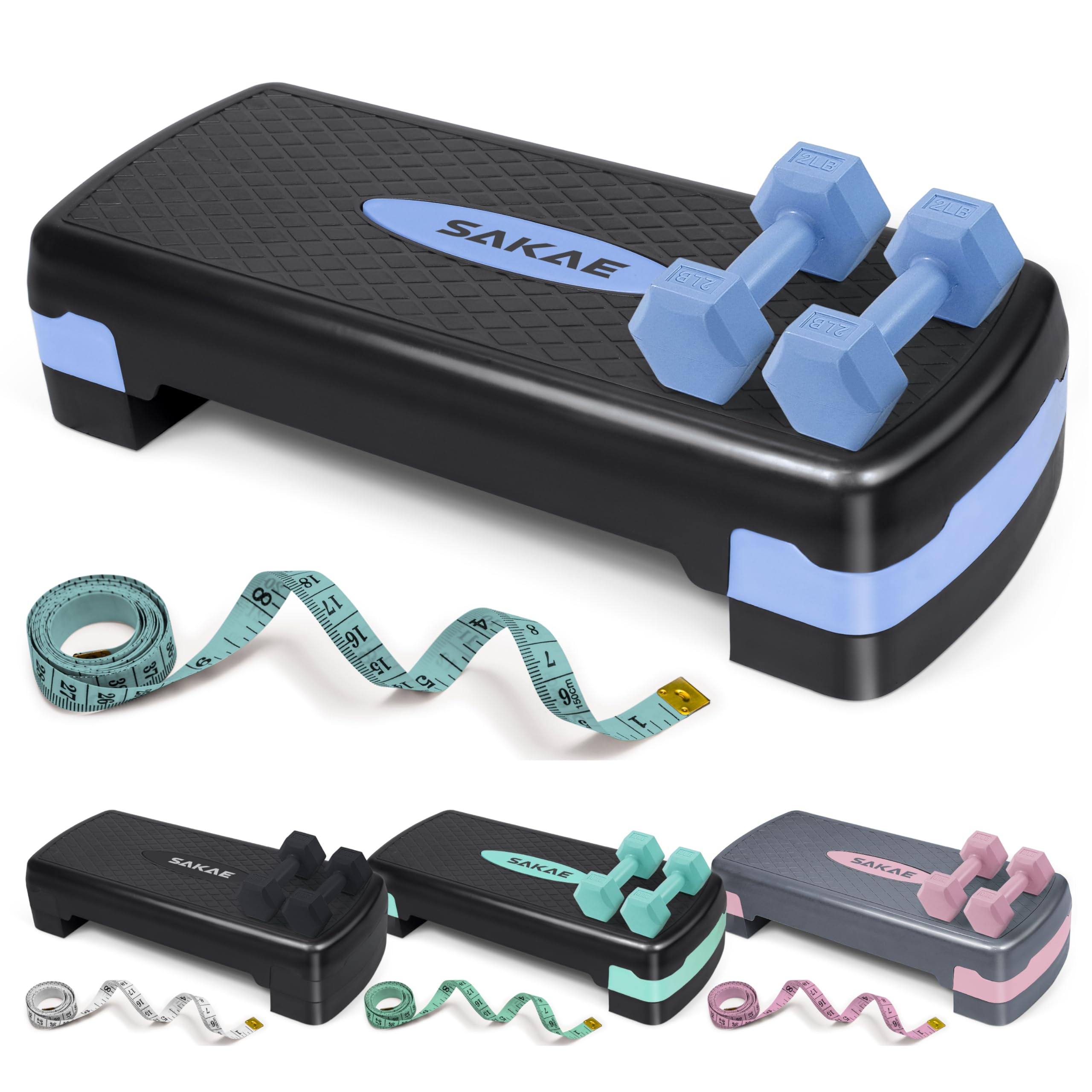 Juego de pasos aeróbicos con mancuernas y cinta métrica, altura ajustable, 2 elevadores de nivel, plataforma de entrenamiento, ejercicio, 4 colores, el mejor regalo para unas vacaciones alegres y