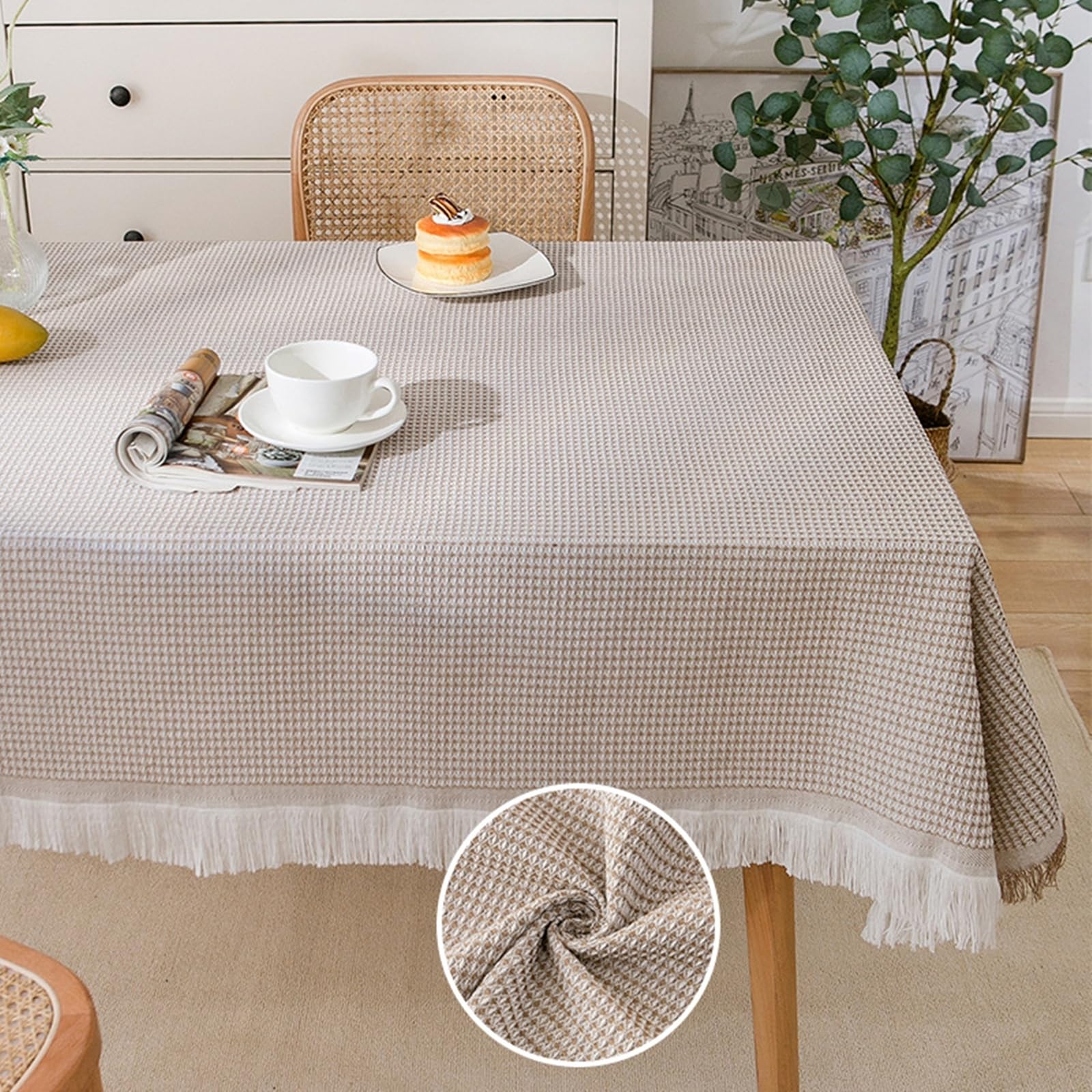 Tischdecke Abwaschbar Quadratisch 180x180, Waffelmuster mit Quasten