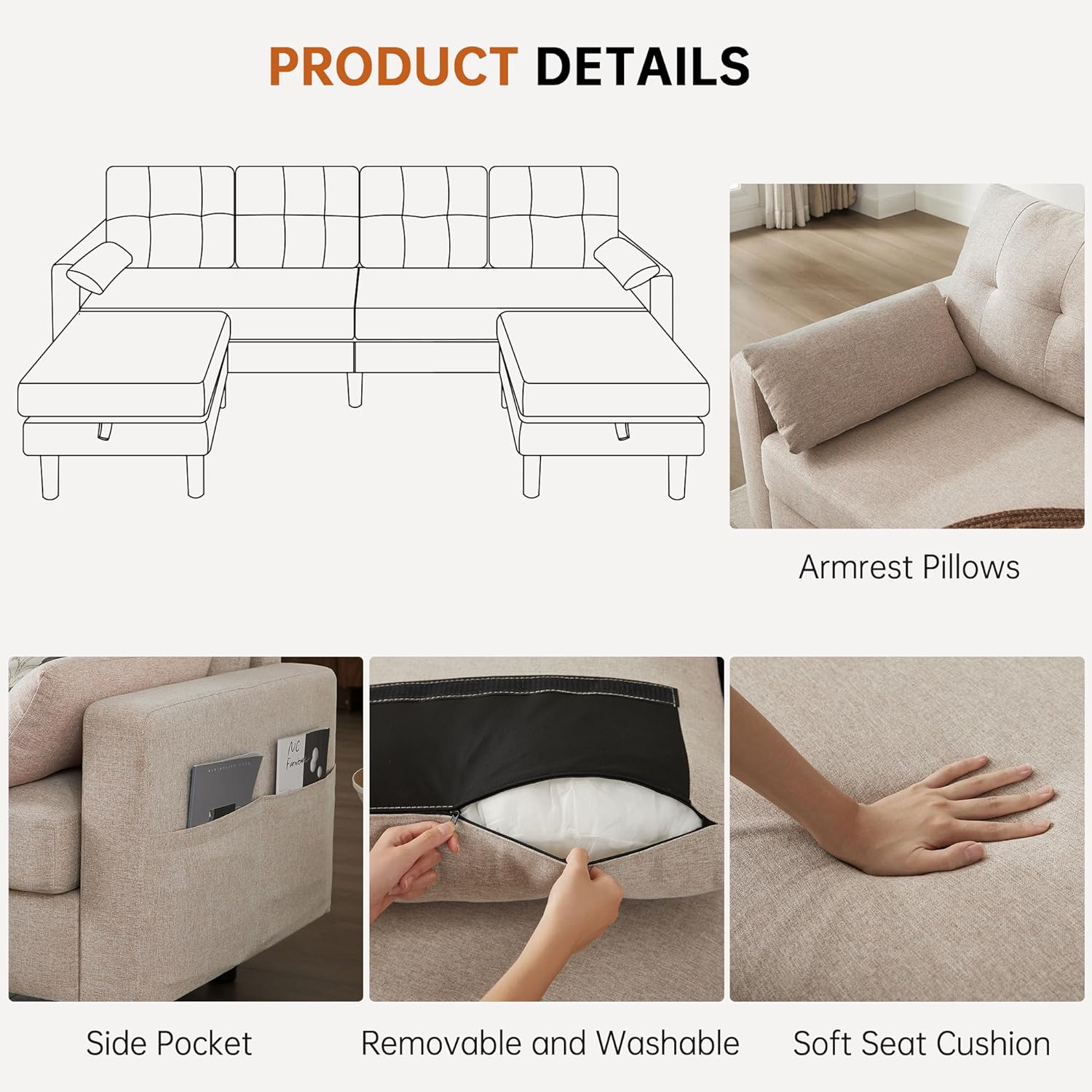Close-up of sofa features including removable and washable cushion cover