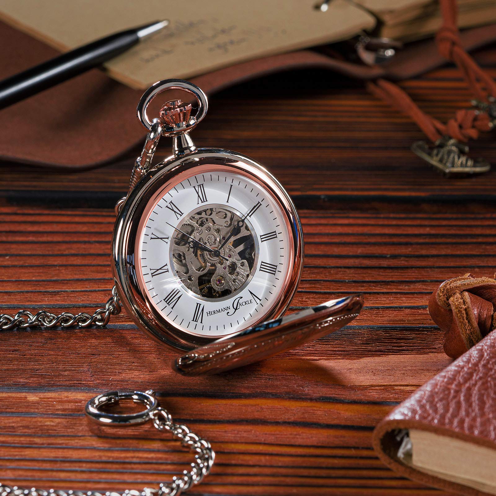 Hermann Jäckle Herren Taschenuhr Lindau Skelett Bicolor 50 mm | Bicolor Silber/Rosé, Handaufzugswerk, Double Hunter Gehäuse, inklusive Kette und Reiseetui