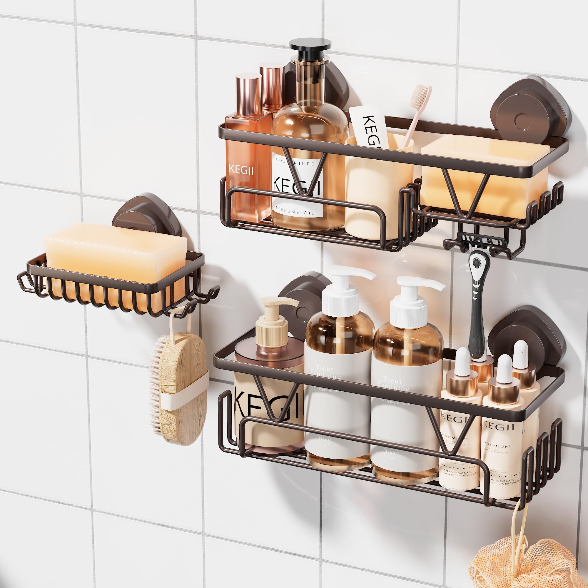 KEGII Suction Cup Shower Caddy 3 Pack Suction Cup Shelf with Soap Holder Hooks Rustproof Stainless Steel Shower