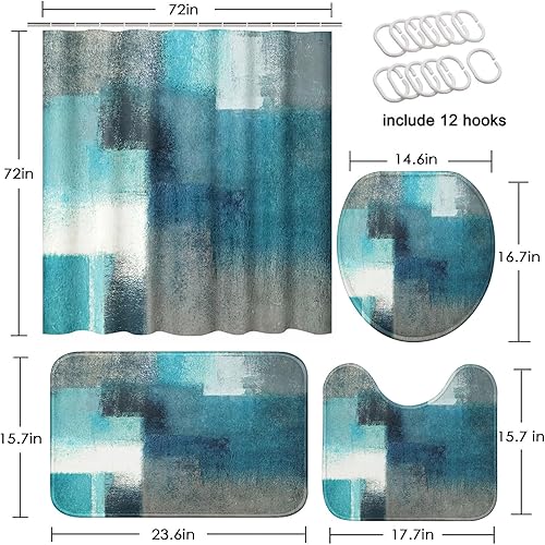 Miniatura 2 de Juego de cortina de ducha abstracta turquesa con tapa de inodoro y alfombras antideslizantes para baño, arte de pintura moderna, cortina de ducha de