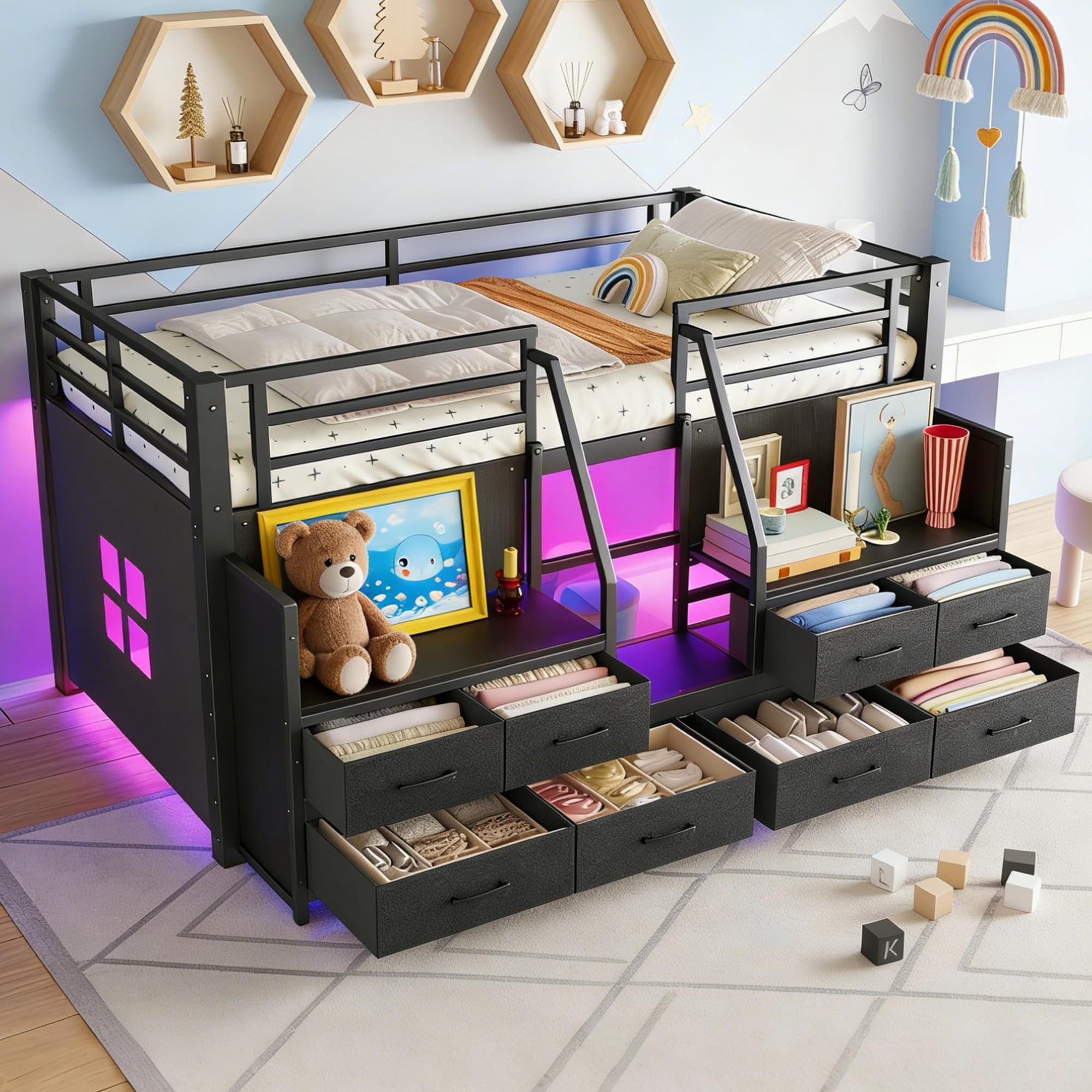View 1 of *****PARTIAL SET , MISSING BOX 2/2 ****** Bellemave Twin Size Low Loft Bed with 8 Drawers, Storage Shelves & LED Lights, Metal Low Loft Bed Frame with Multi-Storage & Under-Bed Spaces for Kids Girls Boys, Black