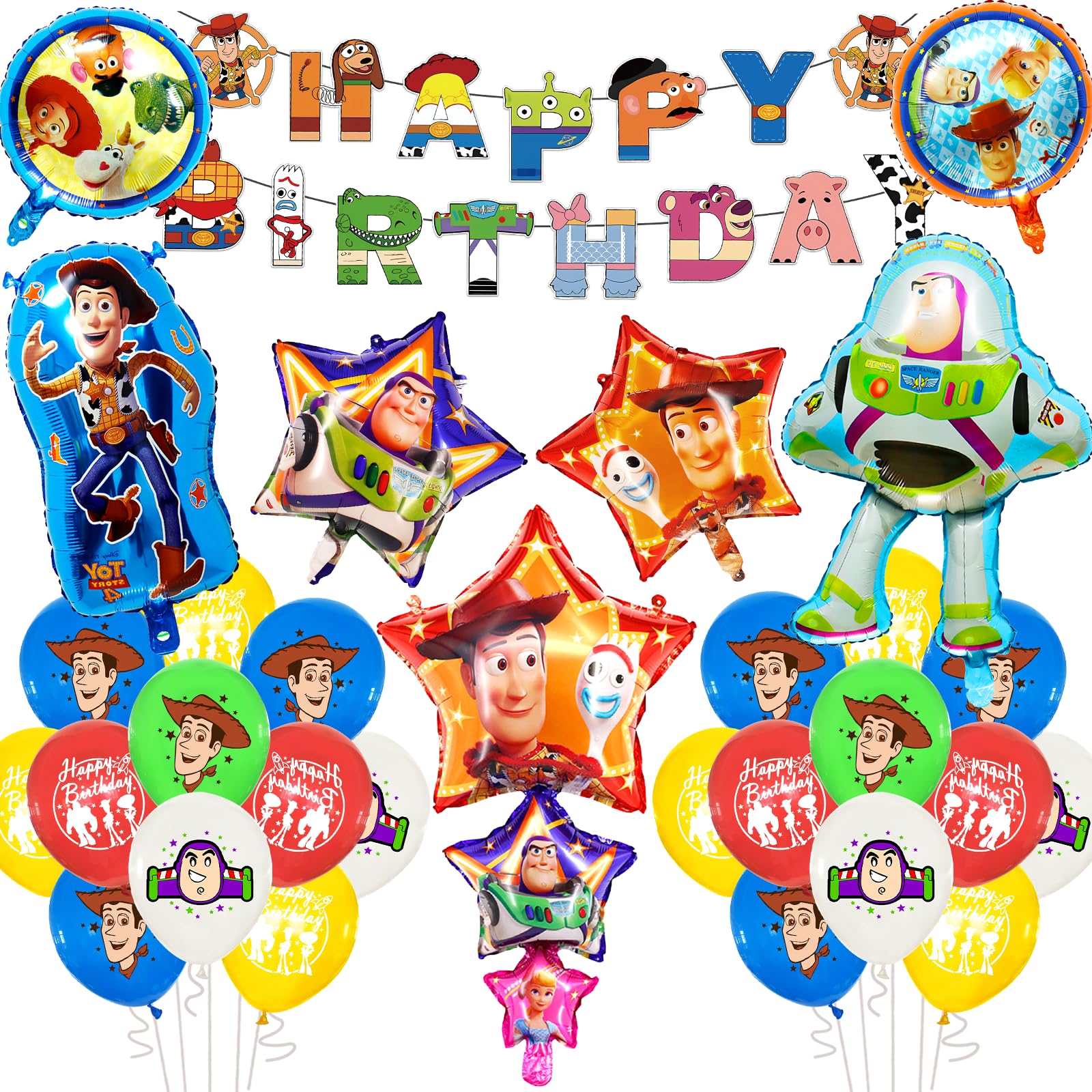 28PCS Toy Inspired Story Birthday Decorations, Toy Theme Story Foil Balloons Party Decorations Set with Birthday Banner Latex Balloons, Cartoon Toy Party Supplies for Kids Boys Girls