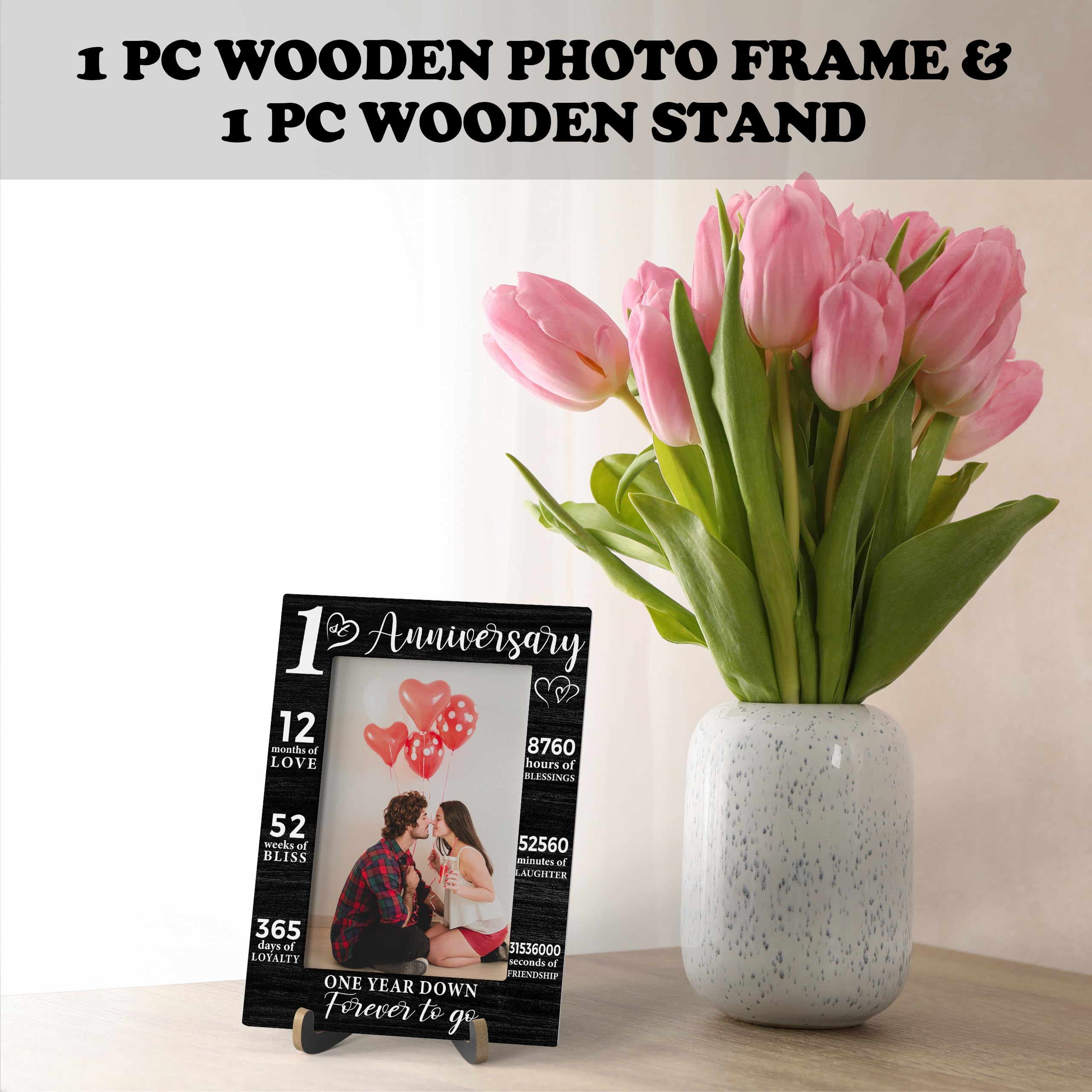 SSQBZU 1st Anniversary Picture Frame - 4x6, Wooden, "One Year Down Forever To Go" Quote, With Stand & Hanger - View #2