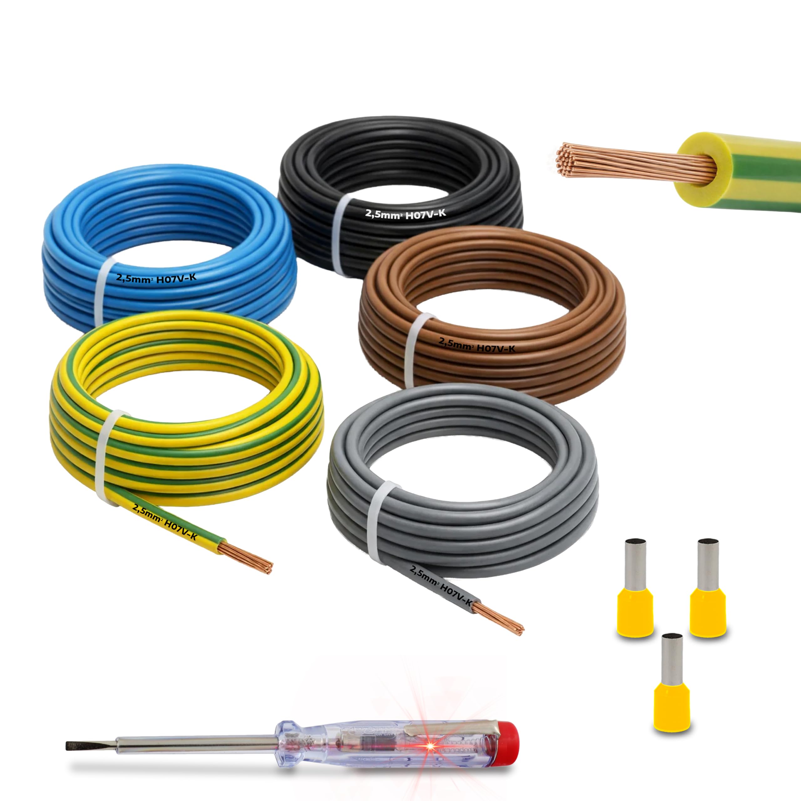 Kit de câblage flexible H07V-K - 2,5 mm² - 5 x 10 m - Avec 100 embouts de câble - Idéal pour compteur, câbles de terre et ponts de câblage