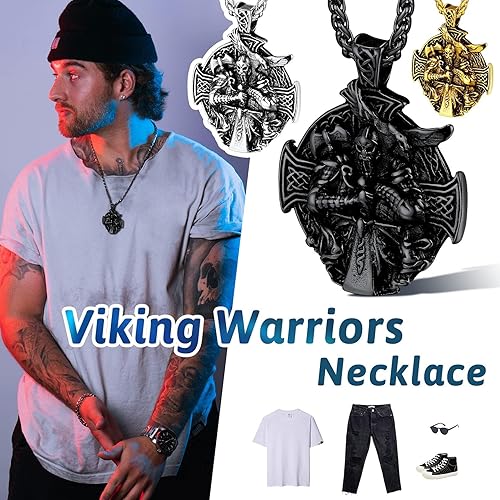 Vista 5 de FaithHeart Collar vikingo para hombre, acero inoxidable, mitología nórdica, lanza vikingaamuleto de Odín