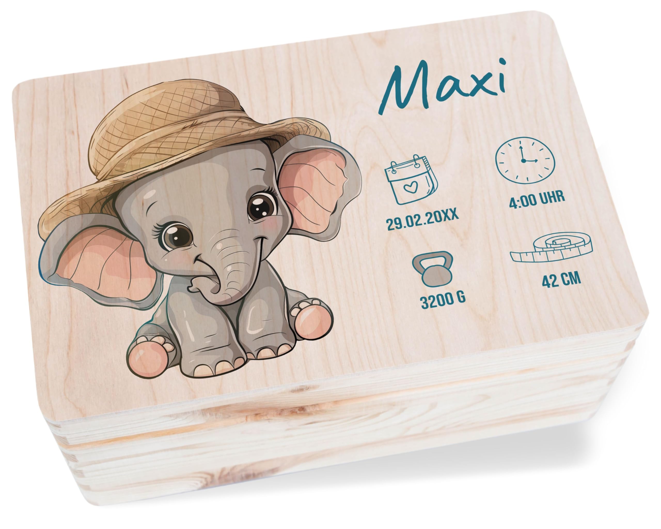 Holz Geschenkbox Holzkiste - Erinnerungsbox Baby Personalisiert mit Elefant und Name | Personalisierte Geschenke Baby Geburt | Geschenke zur Geburt - 30 x 20 x 14 - Holz - erinnerung neugeborene