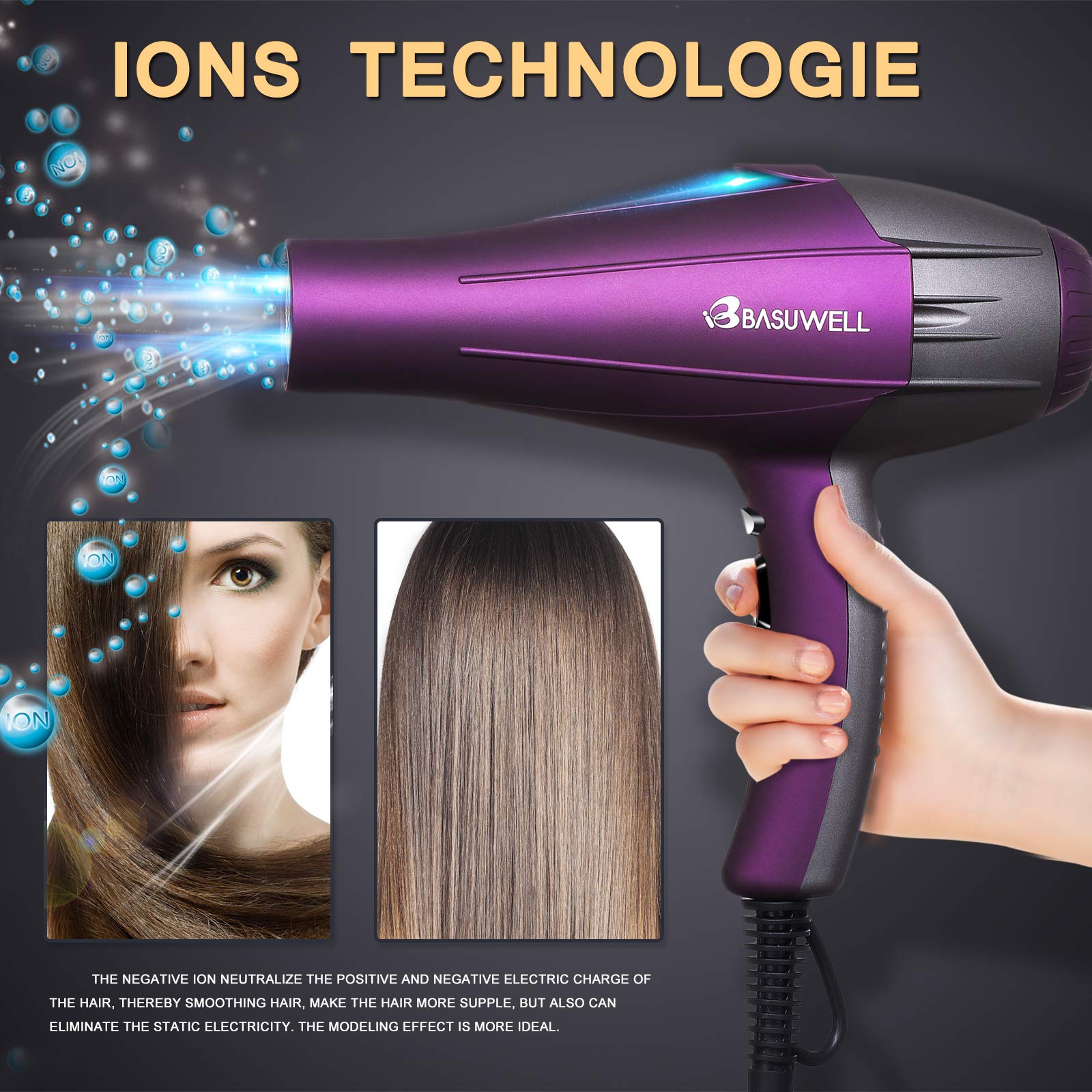 Secador Pelo Profesional 2100W ionico Secador de Pelo con AC motor con 2 Velocidades y 3 Temperatura,concentrador y difusor incluidos, para Hogar y Peluqueria-púrpura (púrpura)
