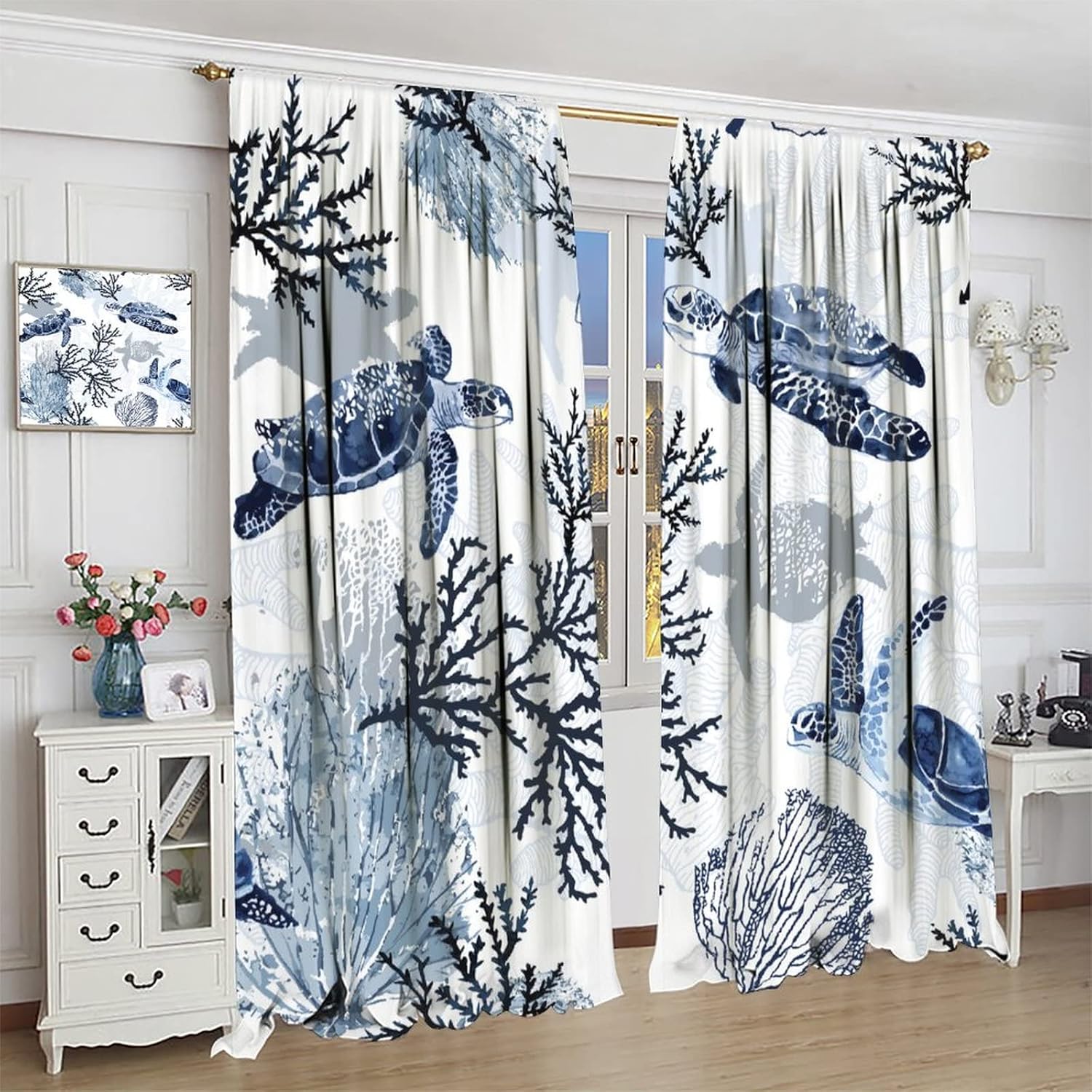 Bohemian Sea Turtle Curtains, Sea Life Beach Decor Funny Blue Nautical Blackout Privacy Noise Reduction Decorative Curtains, 2 Panels, 42x45 Inch. Dark Blue