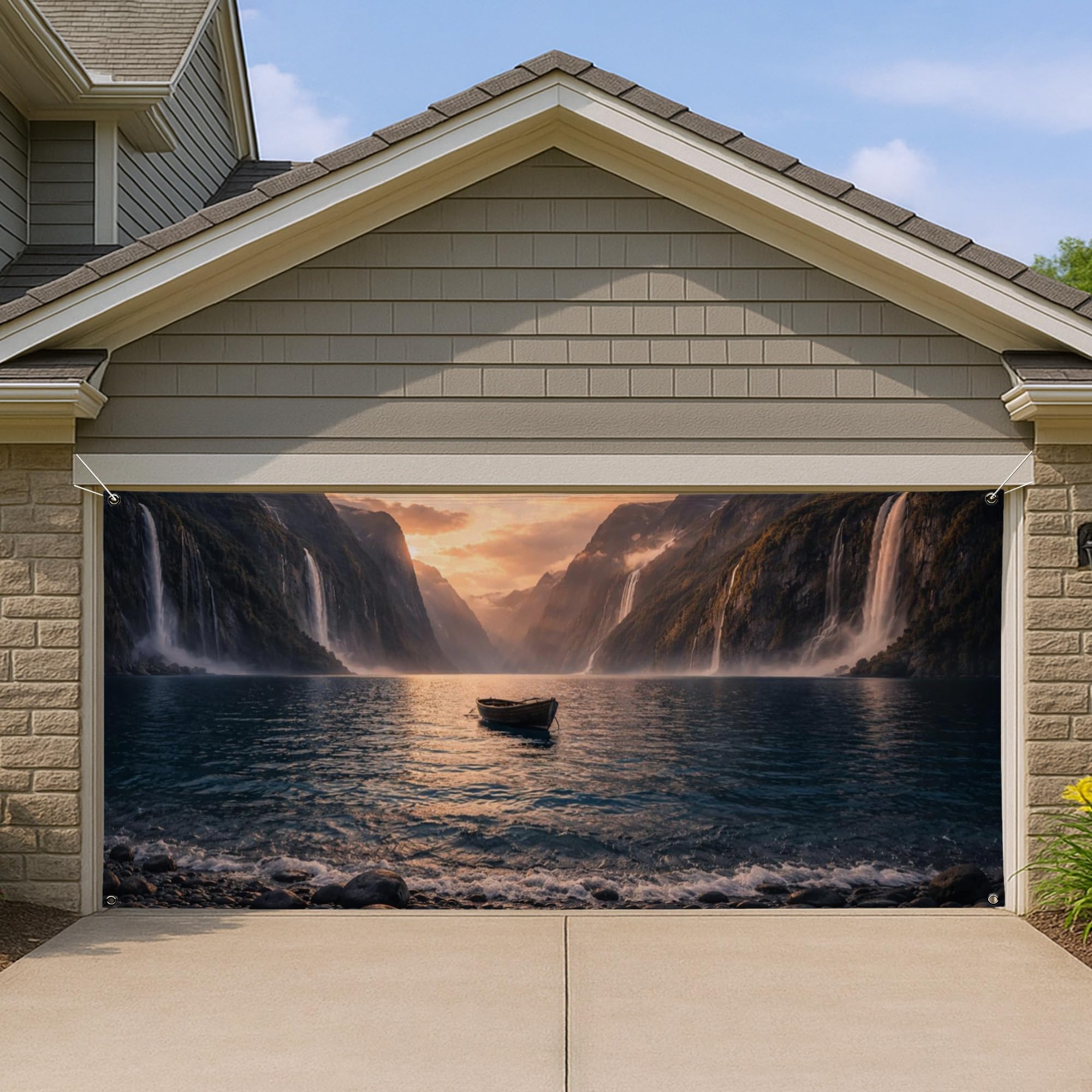 Couverture de porte de garage lac et cascade decoration exterieure 397cm