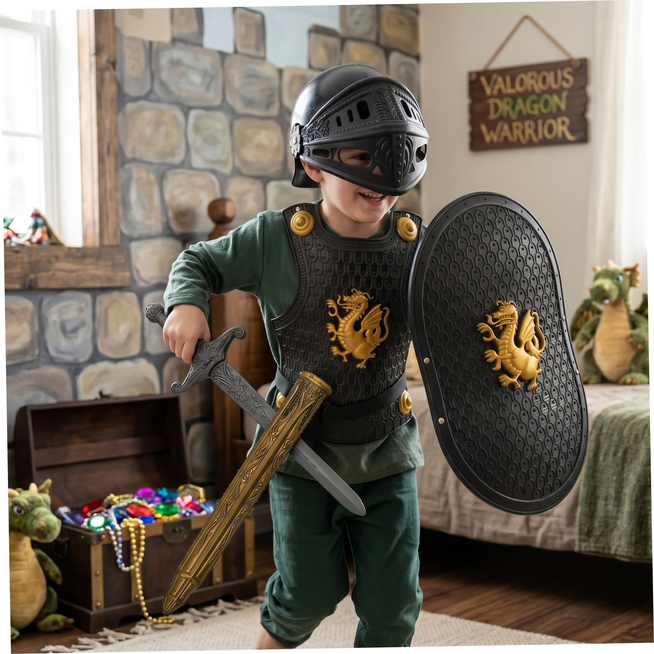 Costume da cavaliere nero per bambini con spada, scudo e elmo, set di armature di Halloween a tema drago
