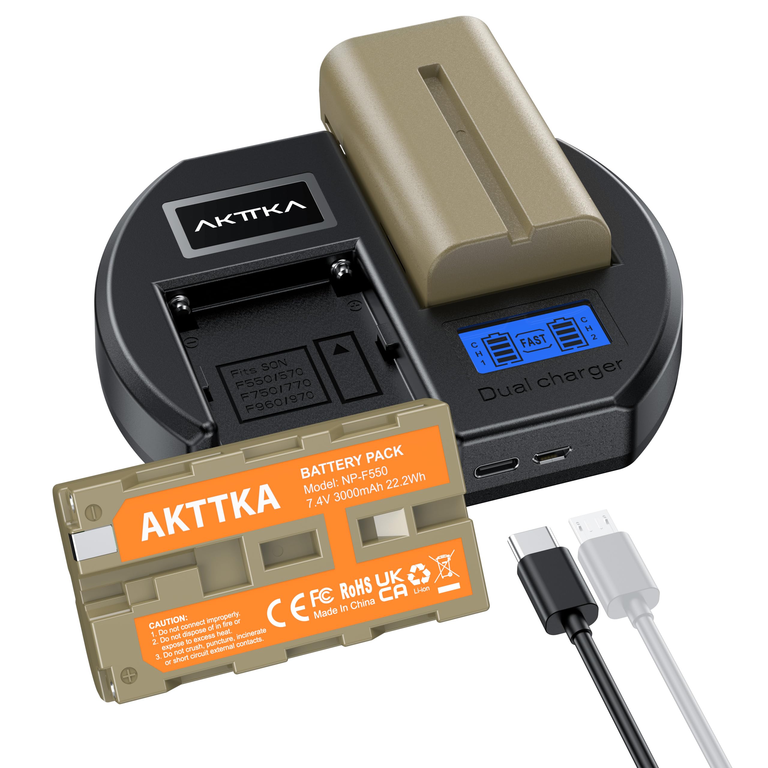 Batterie NP-F550 3000mAh Doppio Pack + Caricabatterie Rapido PD18W Doppio per Sony NP-F550/570/530/750/330, con Display LCD e Compatibilità DSLR/Mirrorless