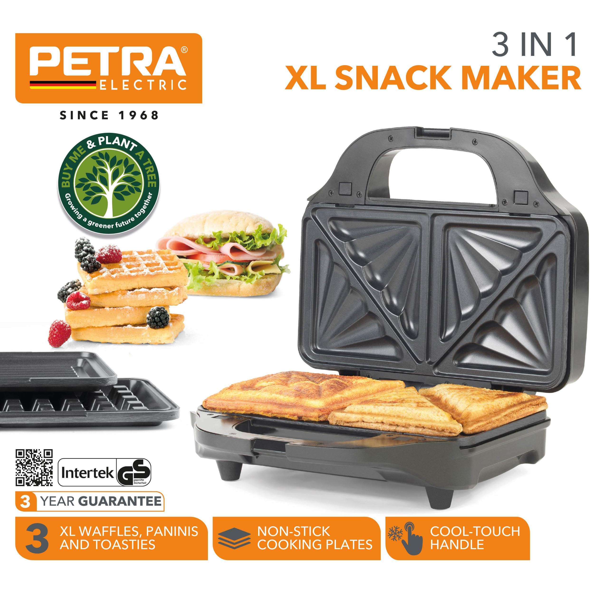 Petra PT2143TVDEEU7 Urzadzenie 3 w 1 XL do przekasek, nieprzywierajace i latwe w czyszczeniu plyty 28,5 cm, 900 W, gofrownica, opiekacz do panini, toster, lunch/sniadanie, chlodne w dotyku uchwyty