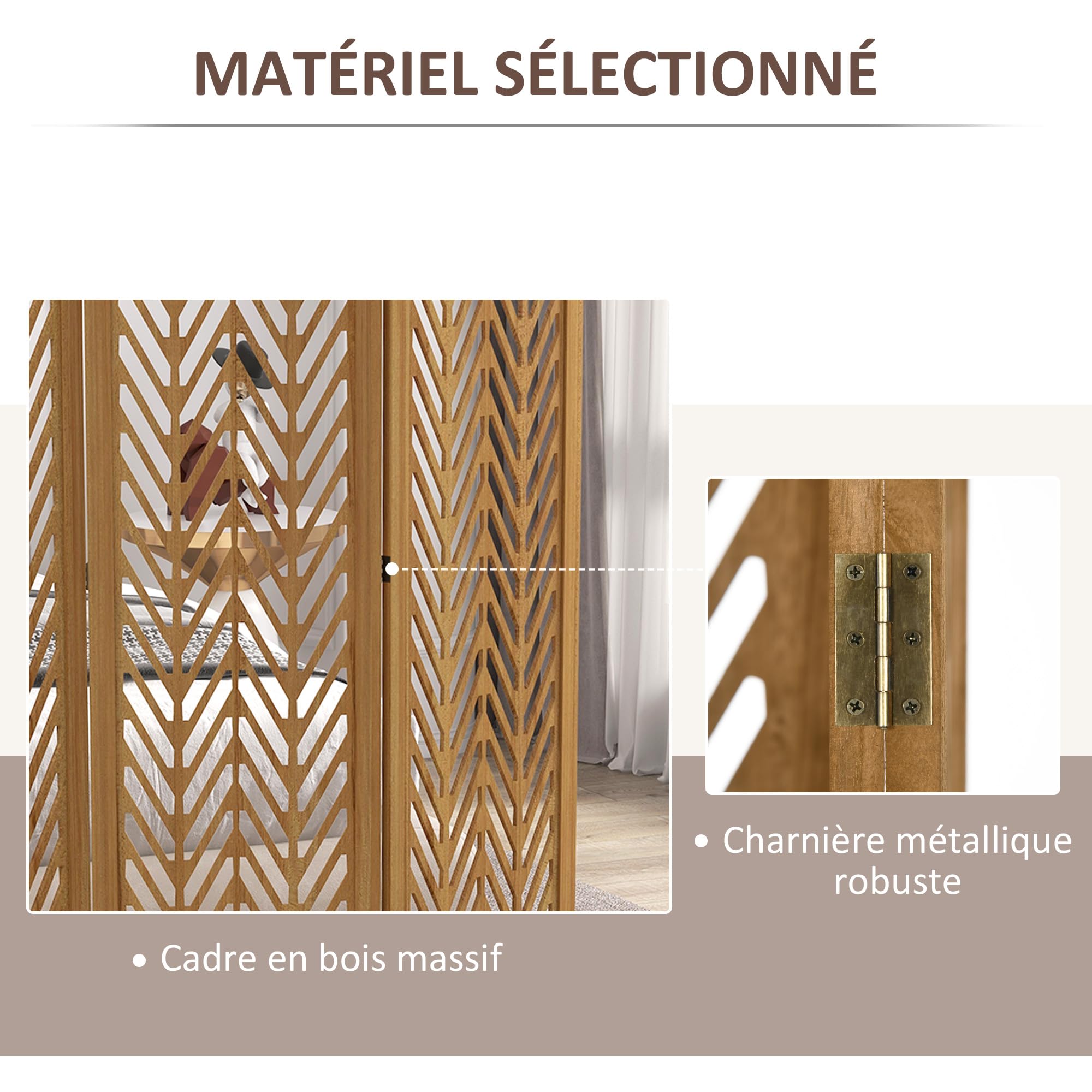 HOMCOM Paravent en Bois Ajouré Pliable 3 Panneaux 120 x 170 cm Naturel