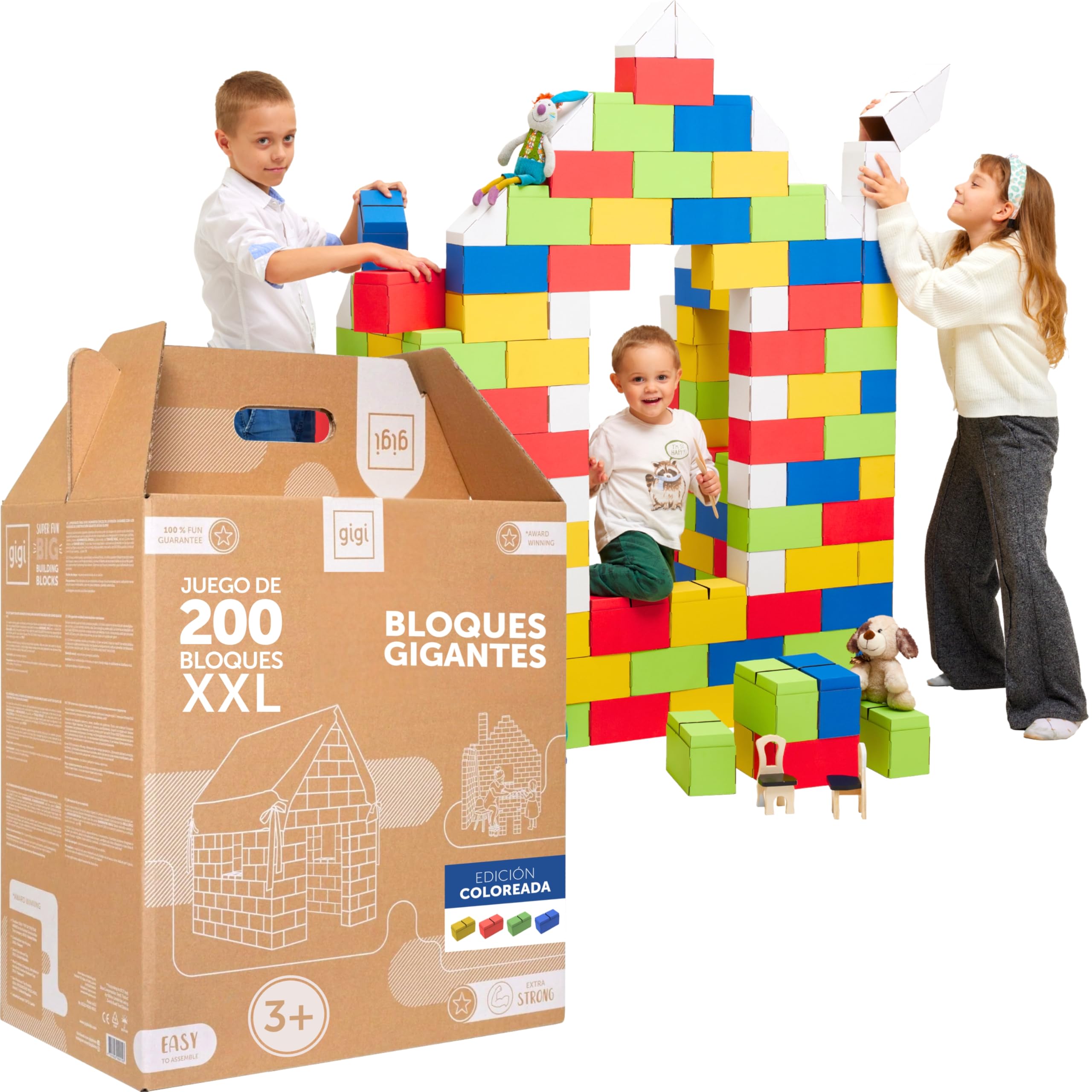 GIGI BLOKS Tamaño XXL 200 Ladrillos de Cartón Colores Encajables y Apilables | Robustos y Fáciles de Montar Grandes Bloques Construccion Niños | Kit Construcción Fuerte Niños | Juegos Educativos