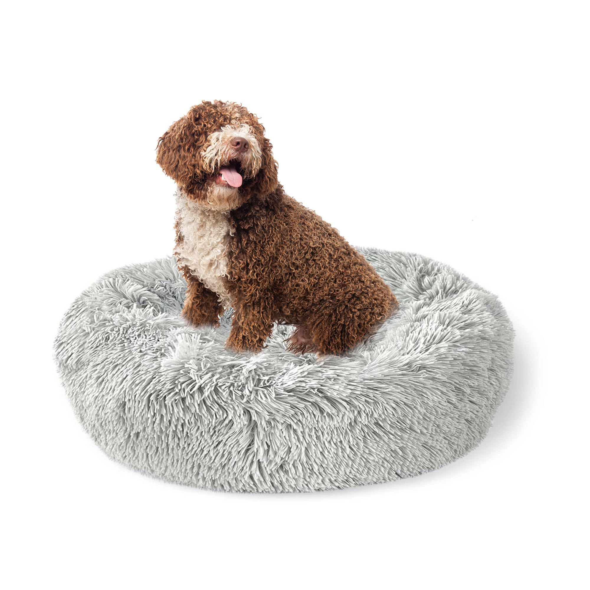 Crystals Plush Donut Dog Bed, Self-Warming Puppy Beds Machine Washable, Calming Round Dog Cat Bed Soft and Fluffy Cuddler Pet Cushion, Light Grey (Small)