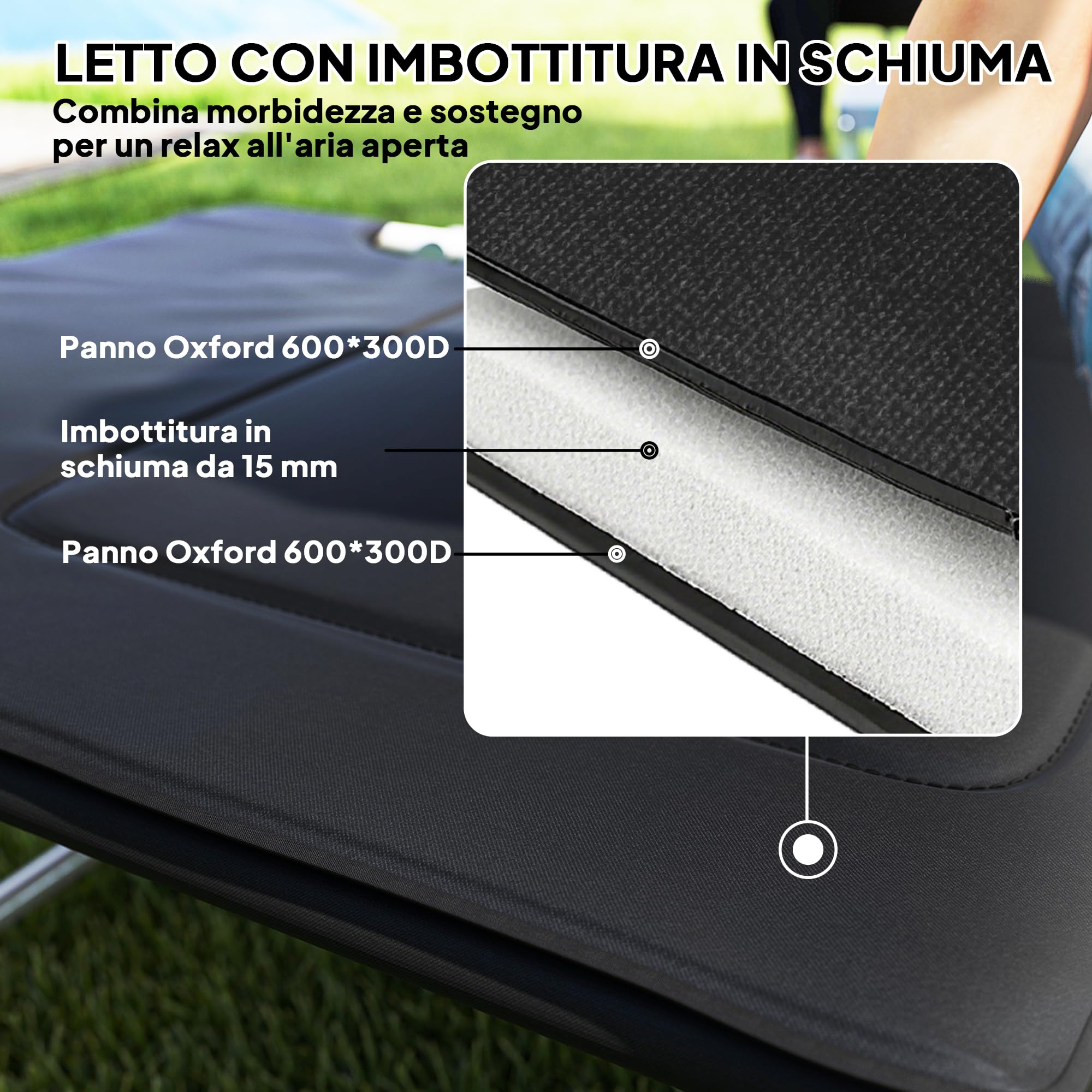 Outsunny Letto da Campeggio, Brandina Pieghevole e Imbottita con Cuscino, Nero 183 x 66 x 33cm