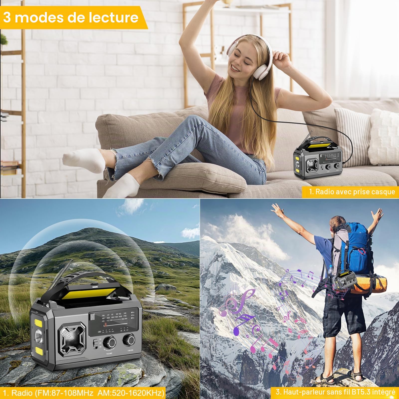 Radio à manivelle 27000mAh, Radio FM/AM d'urgence avec Bluetooth, Radio solaire portable avec chargeur de téléphone, Radio d'urgence avec alarme SOS/lampe de poche/boussole pour camping, plein air