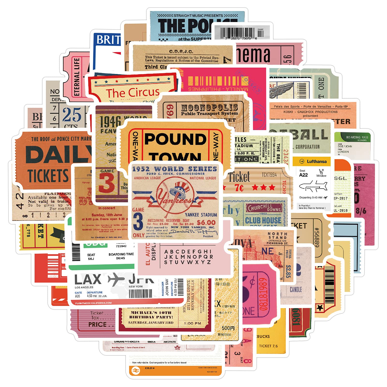 50 Pcs Vinyl Airline Ticket Stickers Waterproof Airline Ticket Sticker Pack for Water Bottle Hydro Flask Laptop Skateboard Luggage Bike Car