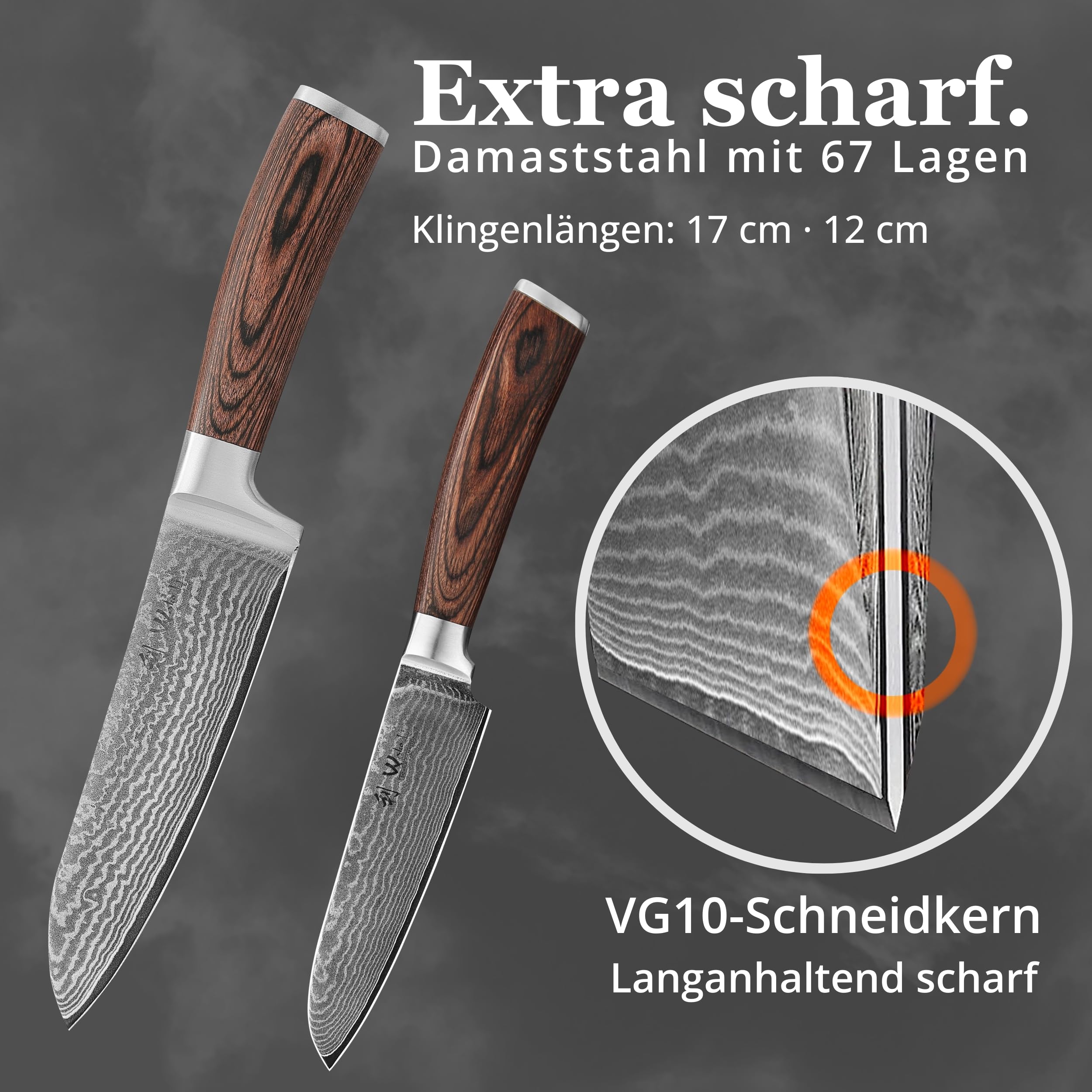 Wakoli EDIB 2-teiliges Küchenmesser Set aus echtem Damaststahl (VG10 Kern) in edler Geschenkbox – mit 2x Santoku Messer – Scharfe Damastmesser im Damastmesser Set mit ergonomischen Pakkaholzgriffen