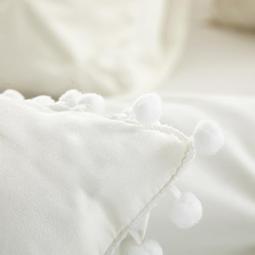 Miniatura 4 de EVOLIVE - Juego de 4 piezas, plisado, juego de edredón alternativo con pompón, Poliéster & Mezcla de poliéster, Crema, gemelo