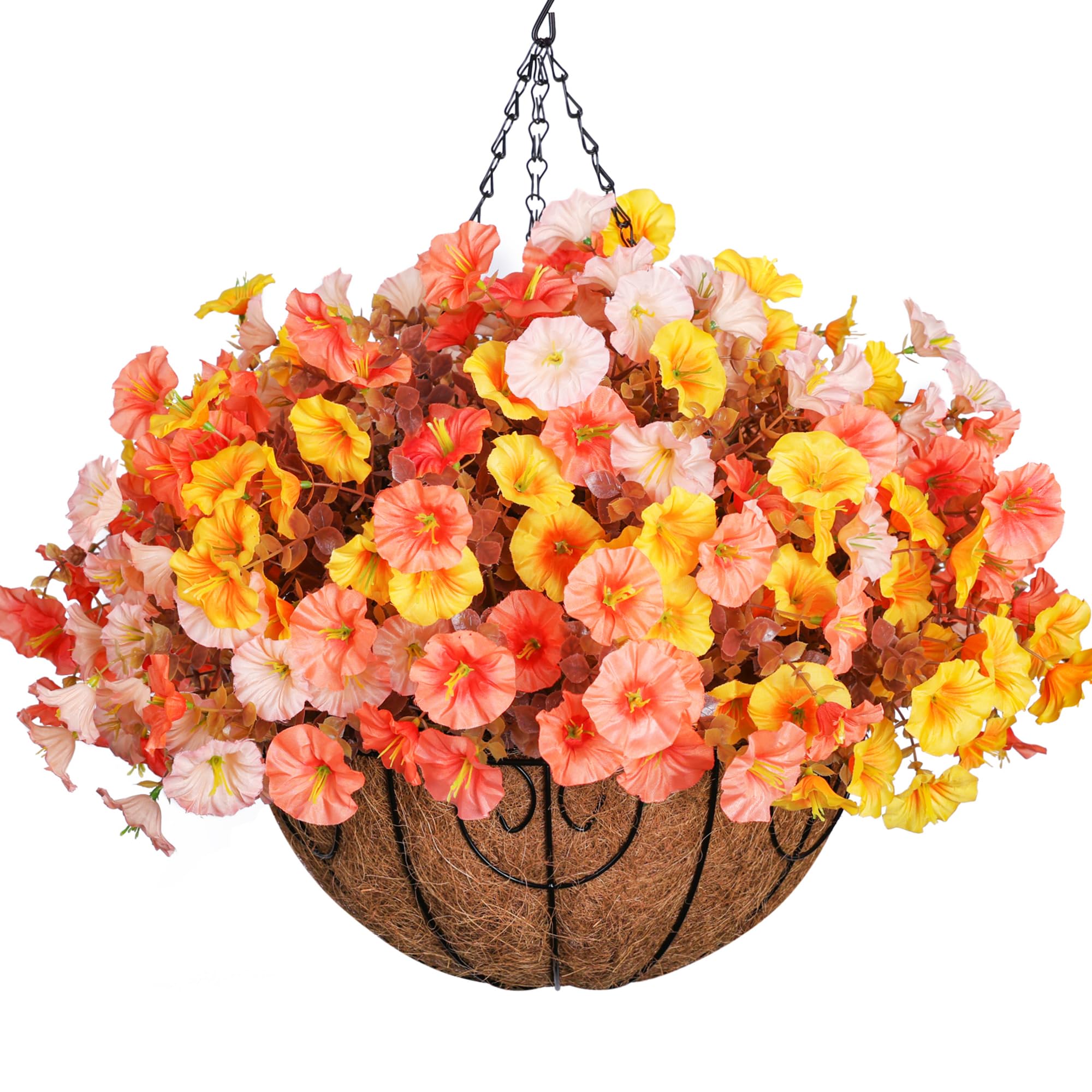 Artificial Fake Hanging Flowers with Basket for Fall Decoration, 12 Bundles Faux Silk Morning Glory Plants for Outdoor Planters, Realistic UV Resistant Artificial Flowers for Outside Porch Garden