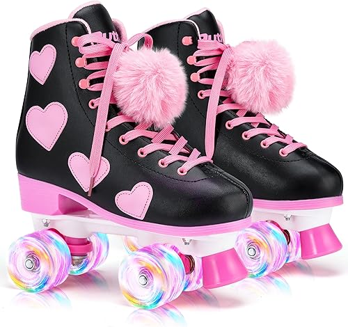 Ruthfot Patines clásicos para mujeres y niñas con ruedas iluminadas y patrón de corazón de amor, patines de piel sintética de alta calidad disponible en Yaxa Peru