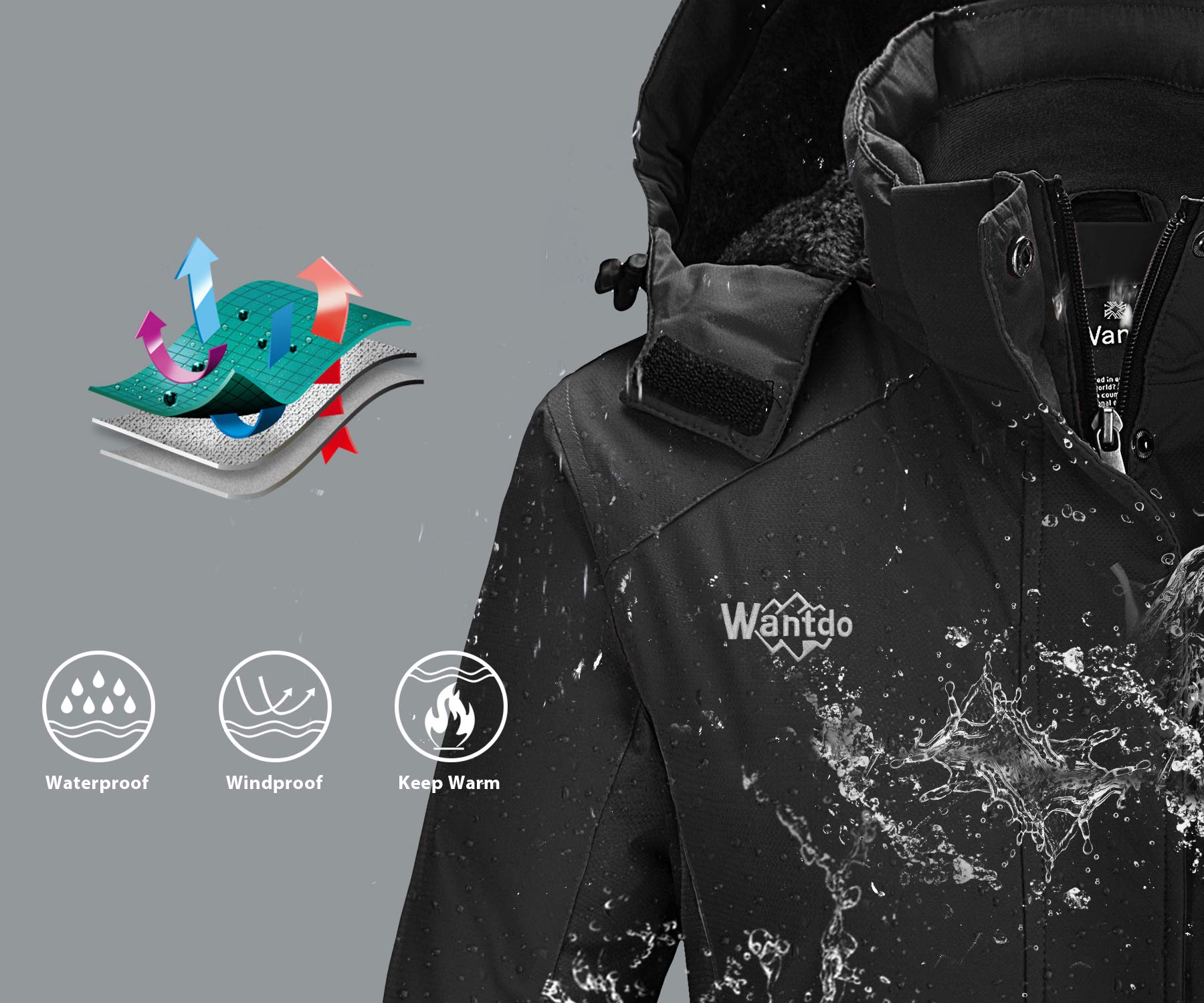 Wantdo Damska zimowa kurtka narciarska, ciepły płaszcz polarowy, kurtka snowboardowa, outdoorowa, kurtka wiatrówka z kapturem