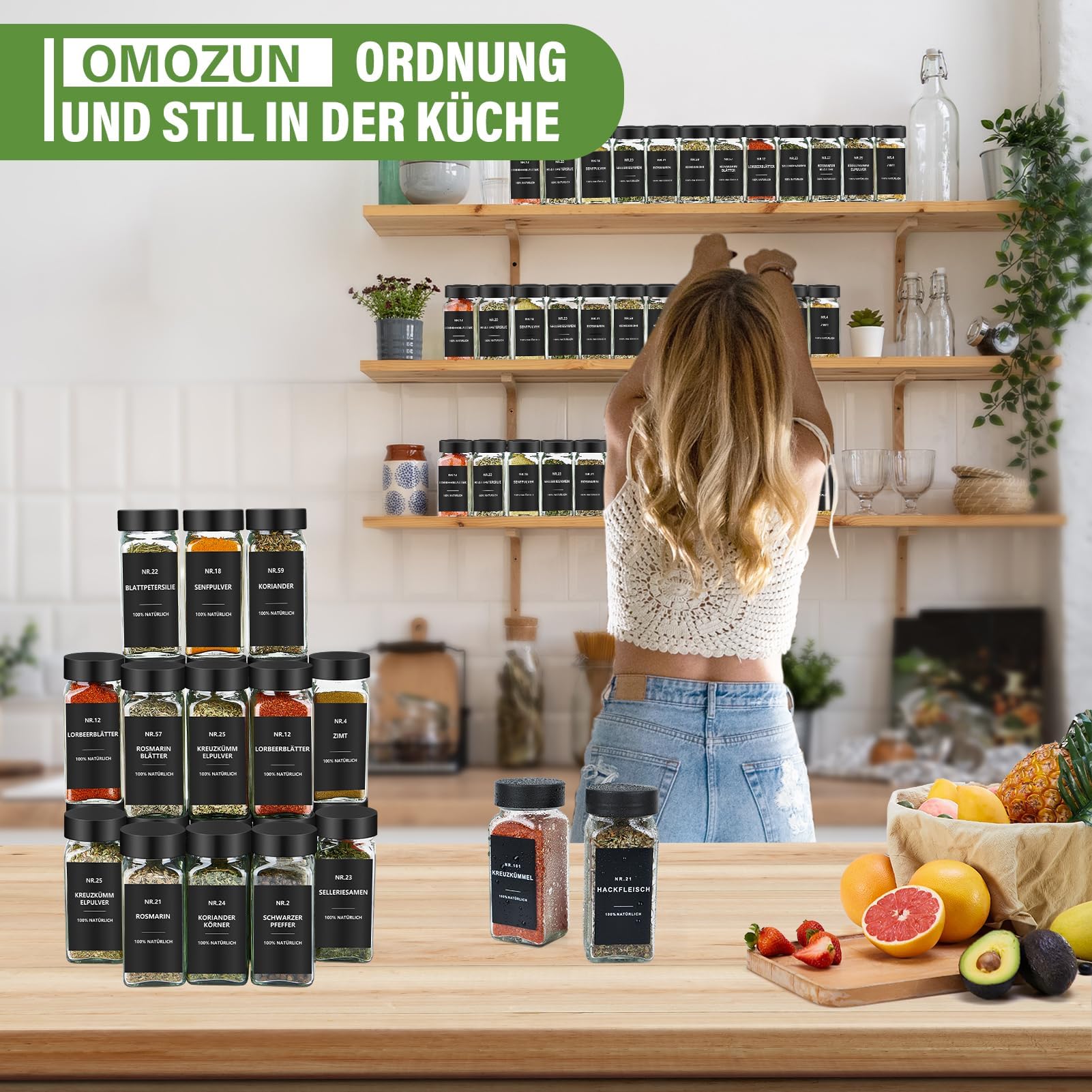 Lot de 24 pots à épices carrés avec étiquettes - En verre - 120 ml - Avec insert à saupoudrer - Étiquettes étanches - Rangement des épices pour le tiroir de cuisine - Noir
