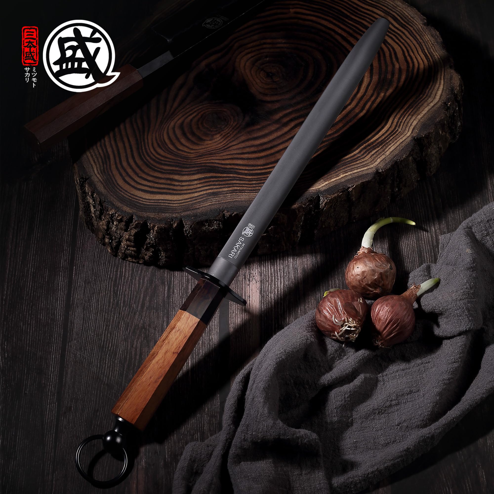 MITSUMOTO SAKARI 40 cm Japanischer Profi Wetzstab, Flacher Wetzstab | Hoher Kohlenstoffgehalt, Geeignet für Messer, mit Rosenholzgriff und Edler