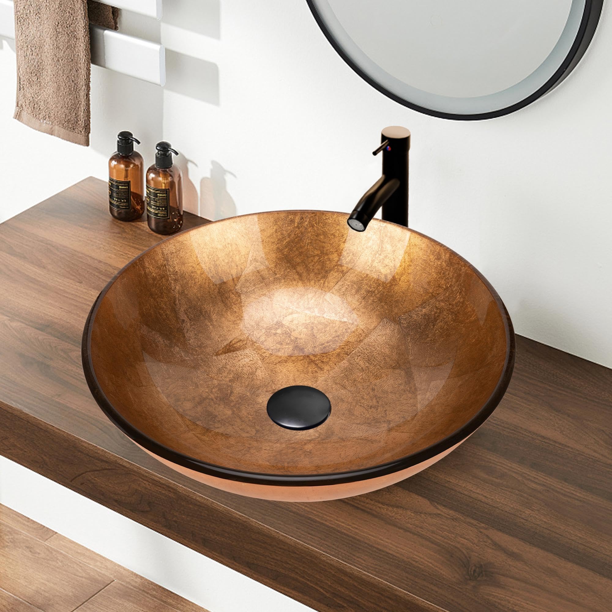 Évier en verre doré de 41,9 cm avec robinet et siphon complet pour salle de bain
