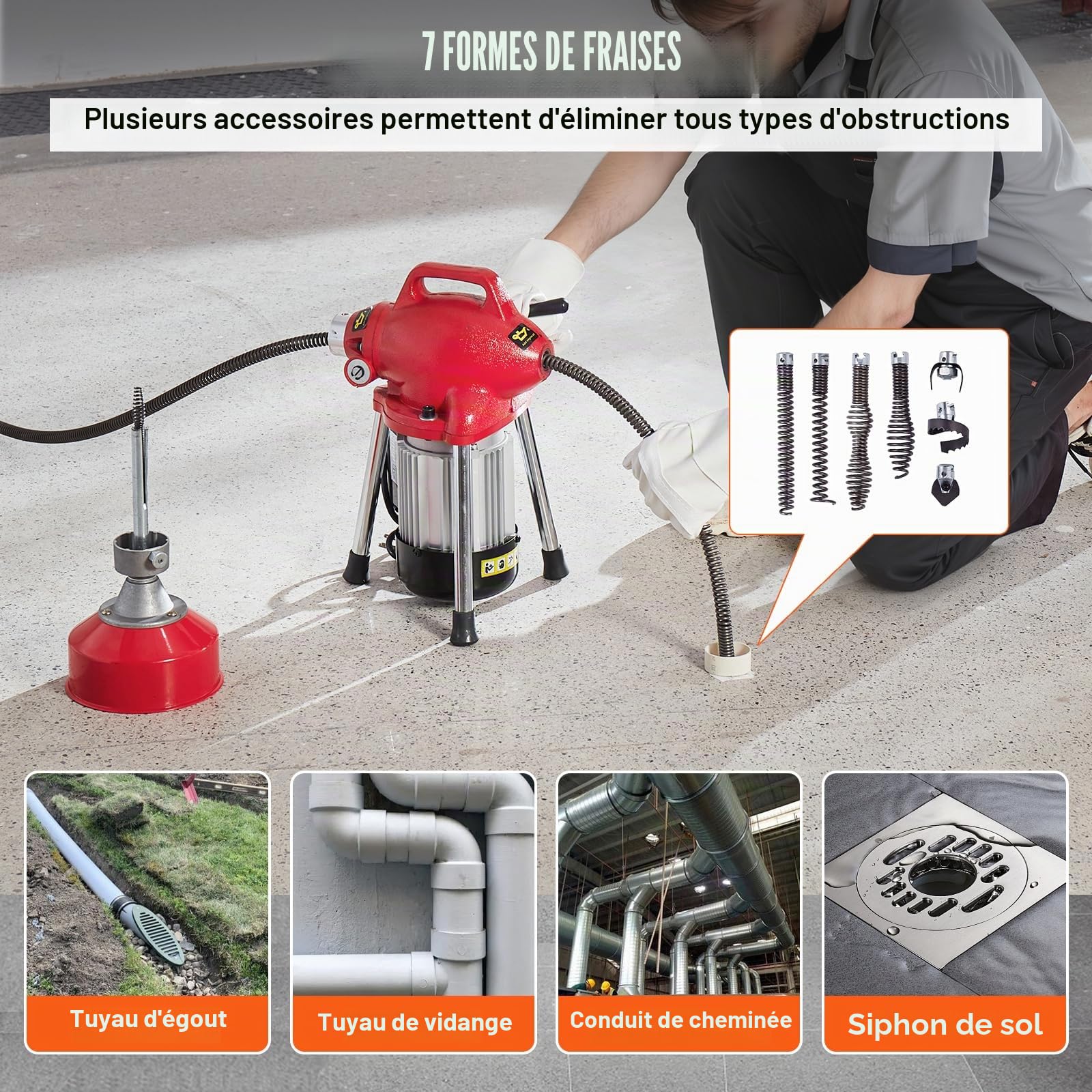 VEVOR Déboucheur Électrique Canalisation 20 m x 16 mm Machine Nettoyage Tuyaux Alimentation Manuelle 250 W 7 Coupeurs, 2 Câbles Acier 20 m x 16 mm/4,6 m x 9,5 mm, Contrôle CW/CCW pour Tuyaux 4-10 cm