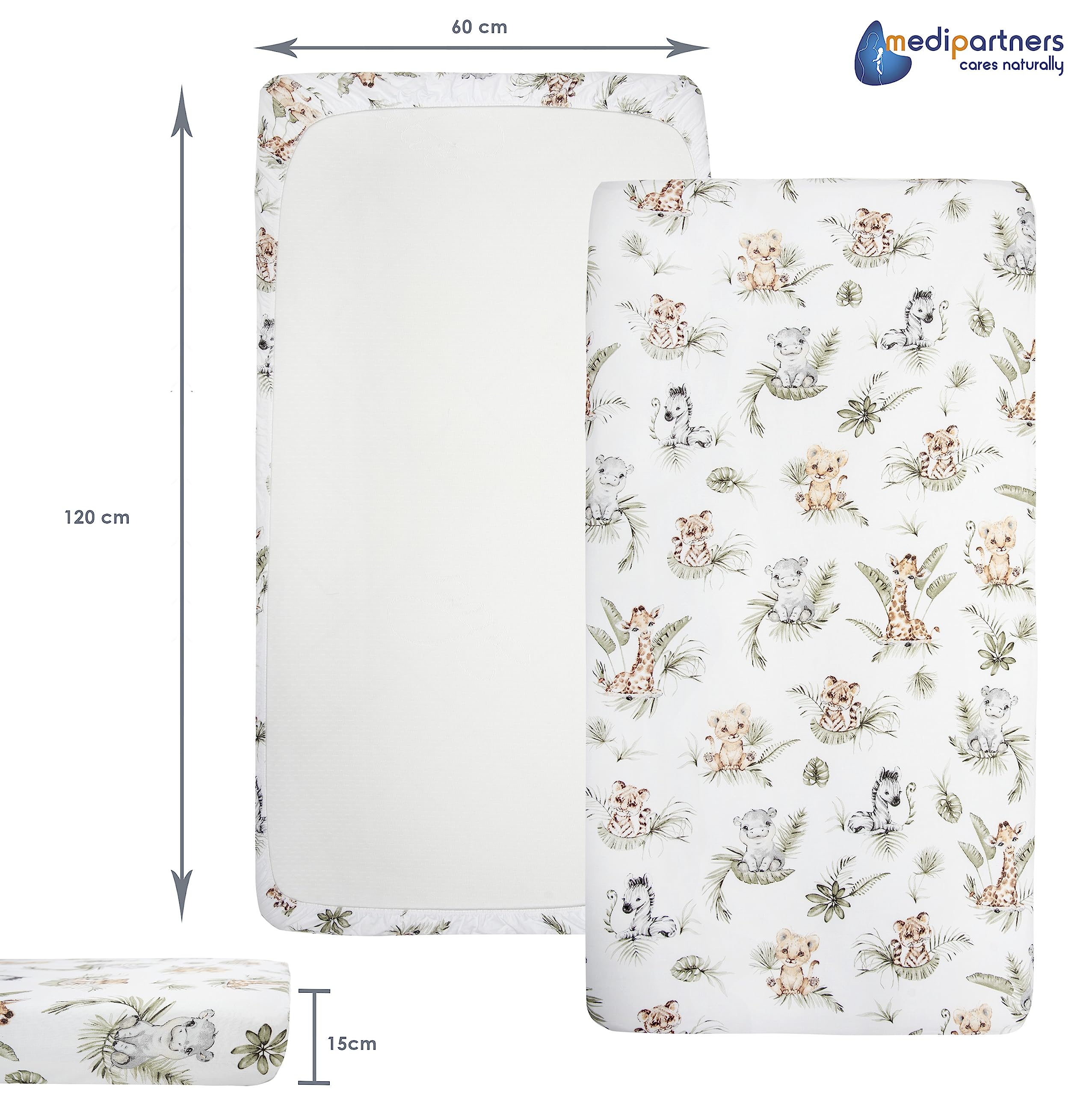 Medi Partners Sabana Bajera Cuna 60x120 Set de 3-100% Algodon Sabanas de Algodón Bebe Ropa de Cama para Bebés Dormir Cuna Fitted Bed Sheet Protector (Safari-Blanco-Gris)