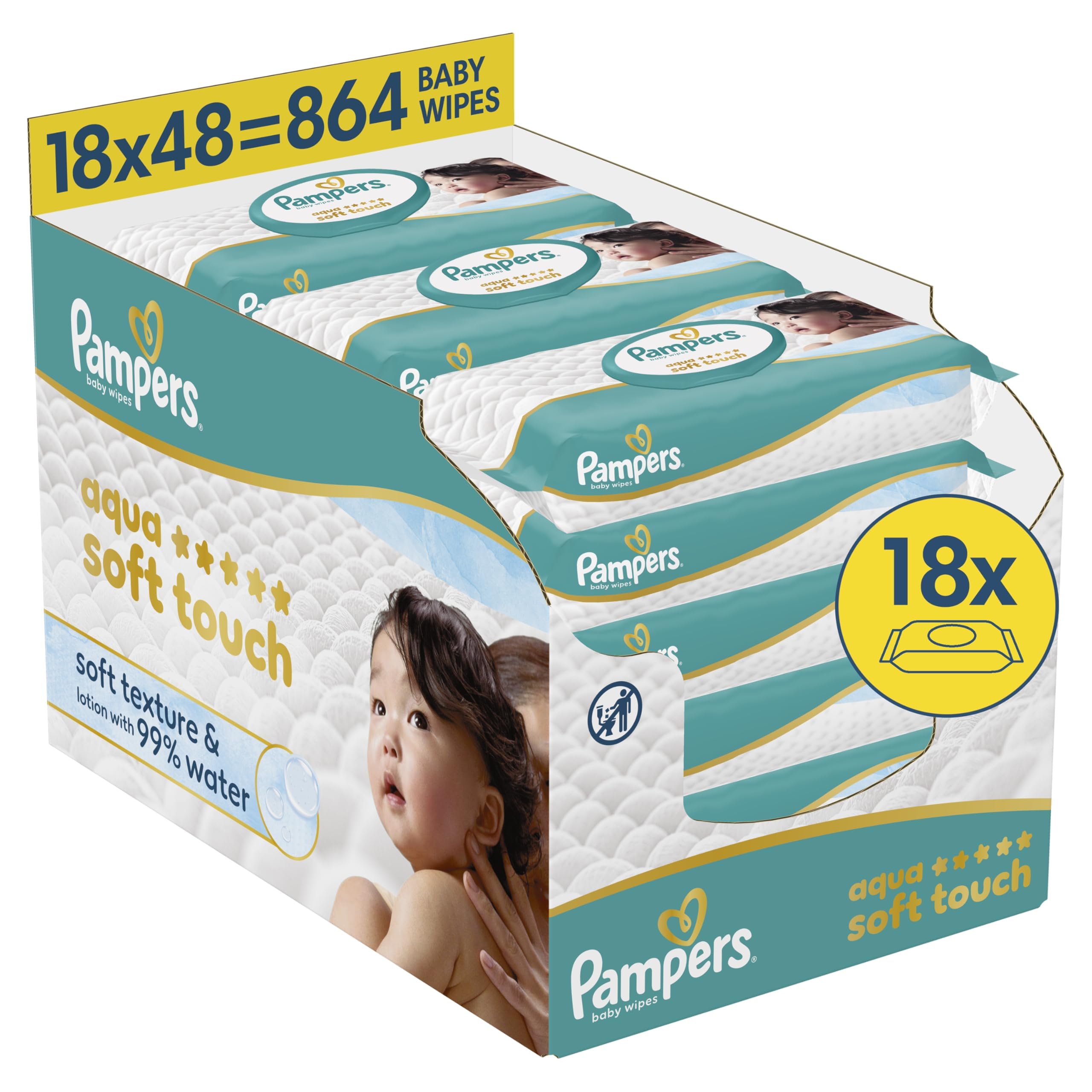 Pampers Aqua Soft Touch Baby-Feuchttücher, 18 Packungen mit 48 Feuchttüchern = 864 Baby-Feuchttücher, weiche Textur & Lotion mit 99% Wasser